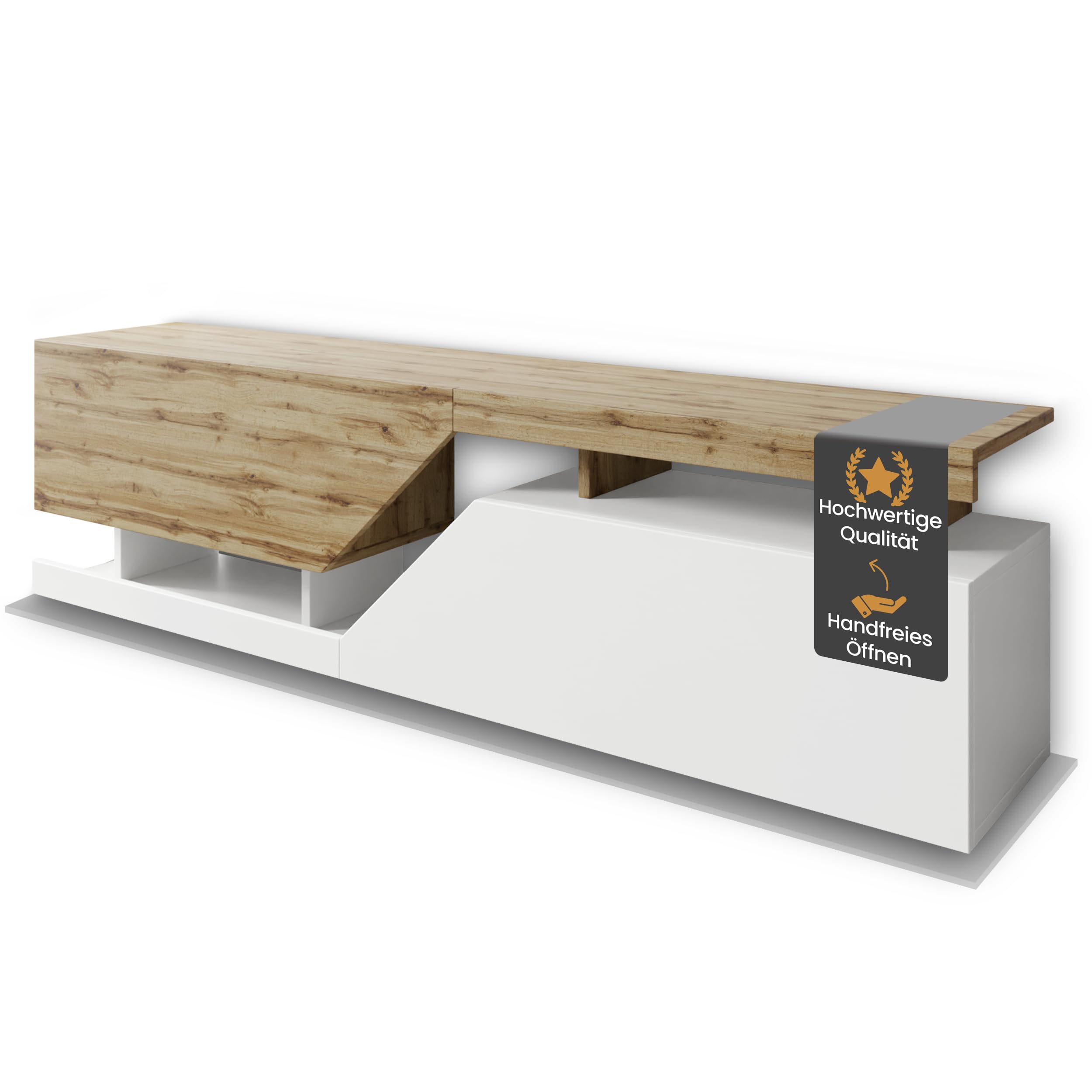 Mirjan24 TV-Lowboard Nesezi 160 mit 2 Klappen (Wotan/Weiß) | TV-Schrank mit geometrischem Design, breiter Ablagefläche, Push-to-open-System und Gasdruckfedern, B/H/T: 160/47/35 cm