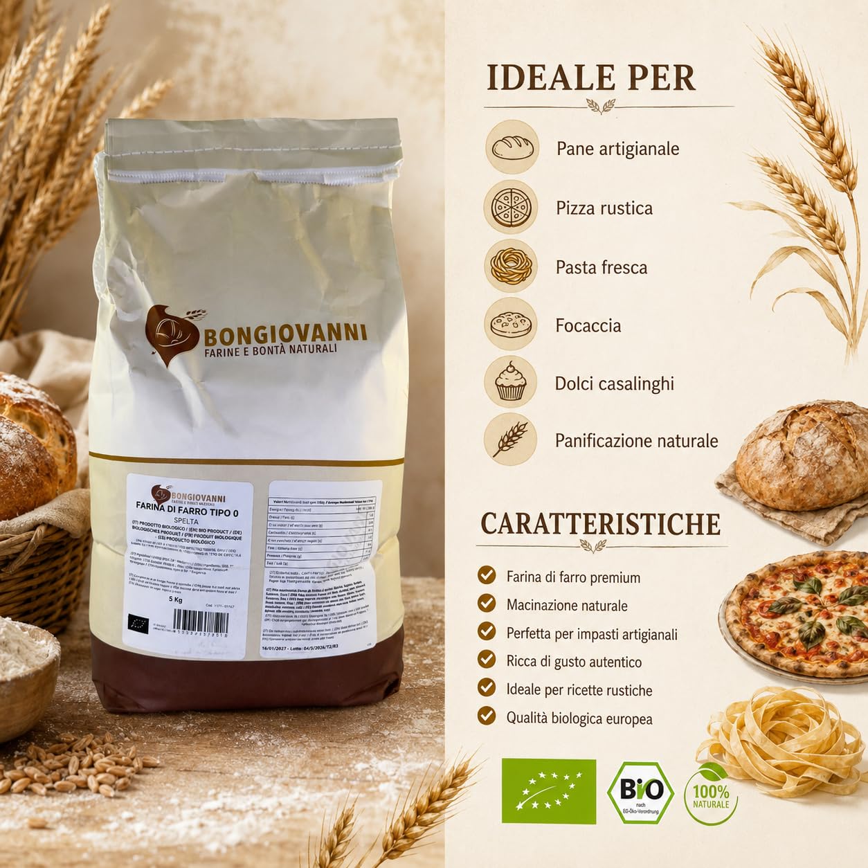 BONGIOVANNI Farine e Bontà Naturali Farina di Farro Spelta Tipo 0 Bio 5 kg – Gusto Delicato e Leggermente Nocciolato