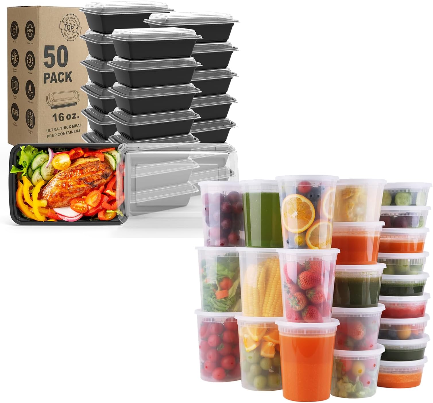 WGCC Meal Prep Containers 50Pack 16oz and Deli Containers with Lids 48 Sets-8oz, 16oz, 32oz, Leakproof, BPA Free/Microwave/Freezer/Dishwasher Safe