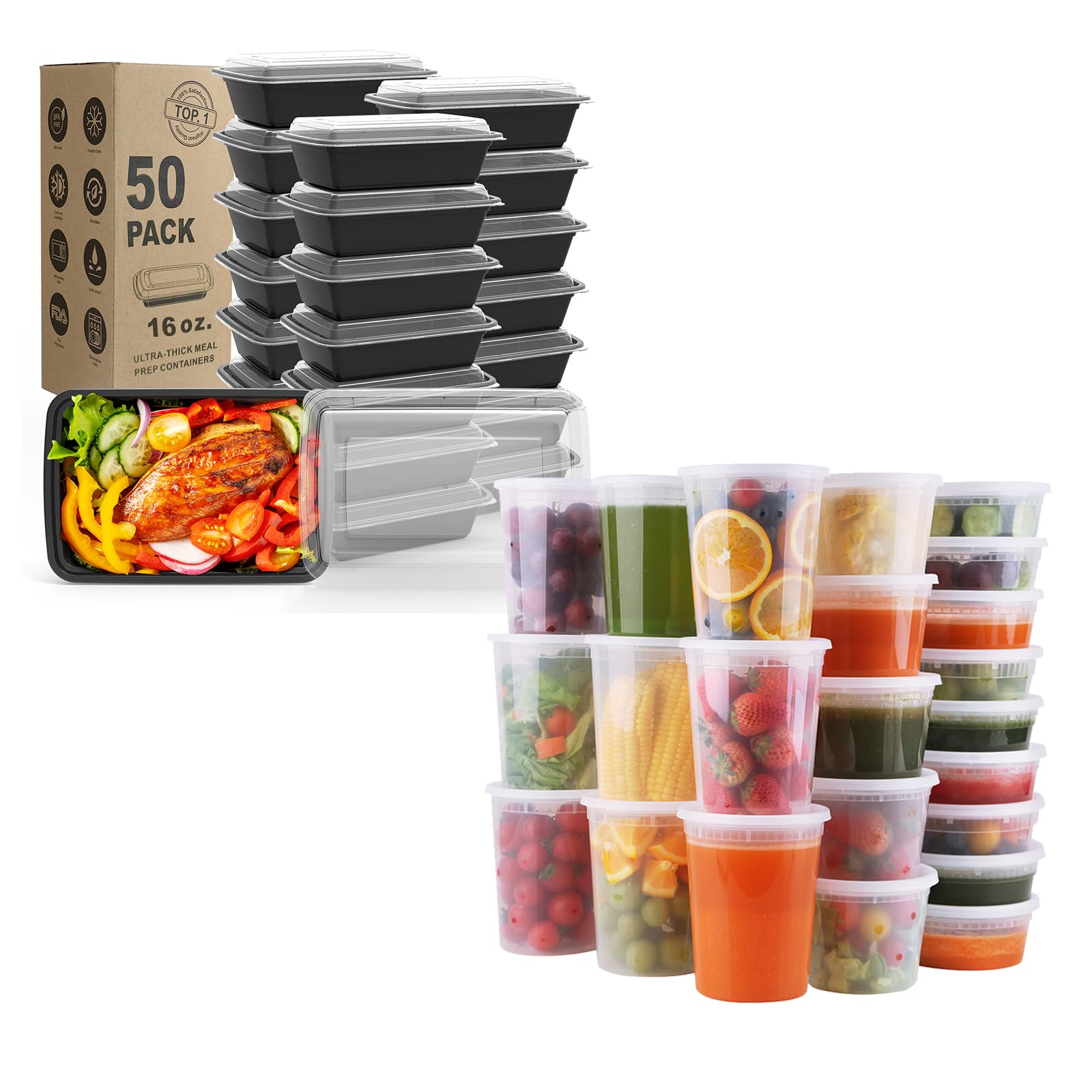 WGCC Meal Prep Containers 50Pack 16oz and Deli Containers with Lids 48 Sets-8oz, 16oz, 32oz, Leakproof, BPA Free/Microwave/Freezer/Dishwasher Safe