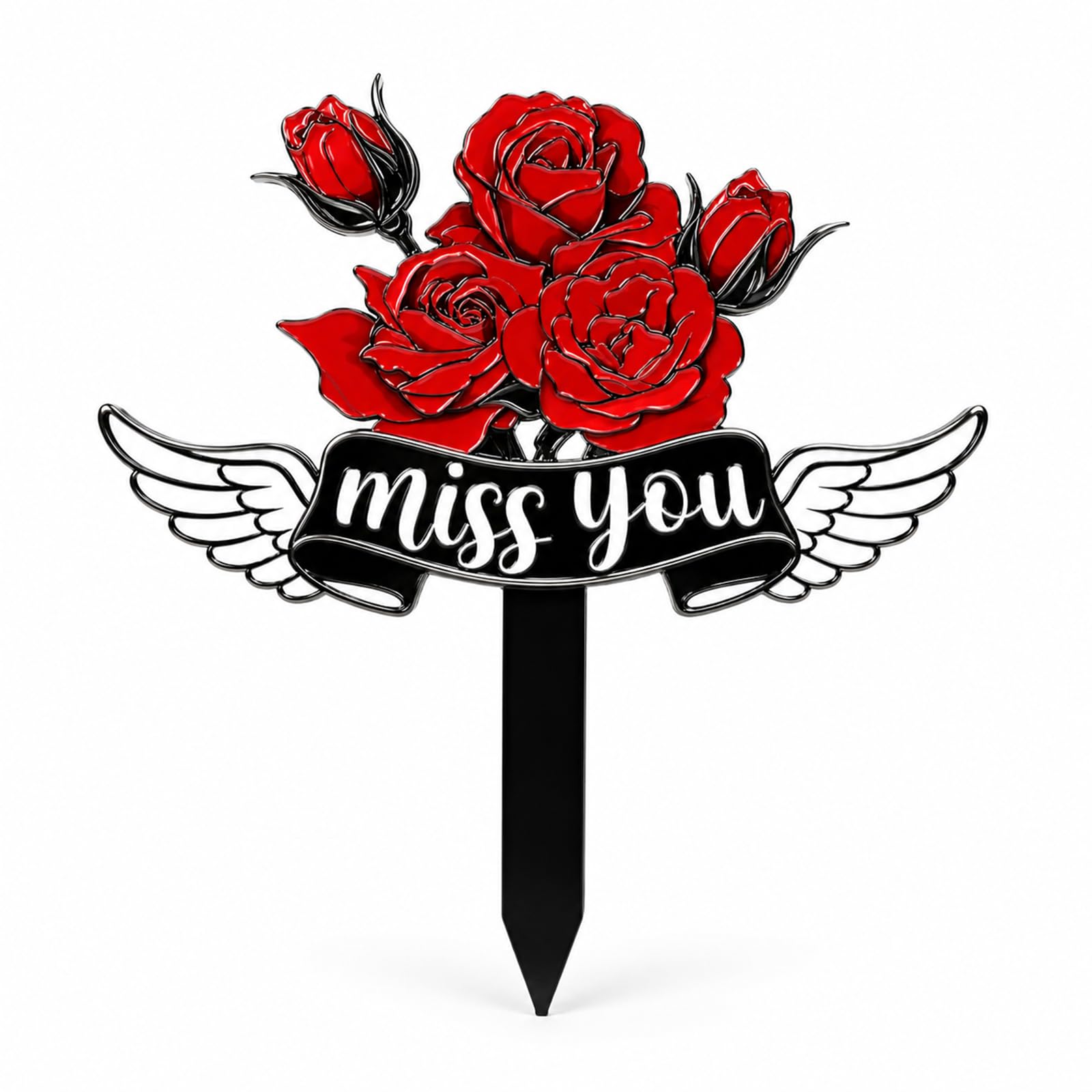 Grave Ornaments Memorial Plaques with Stake, Angel Wings & Rose, 26x22cm