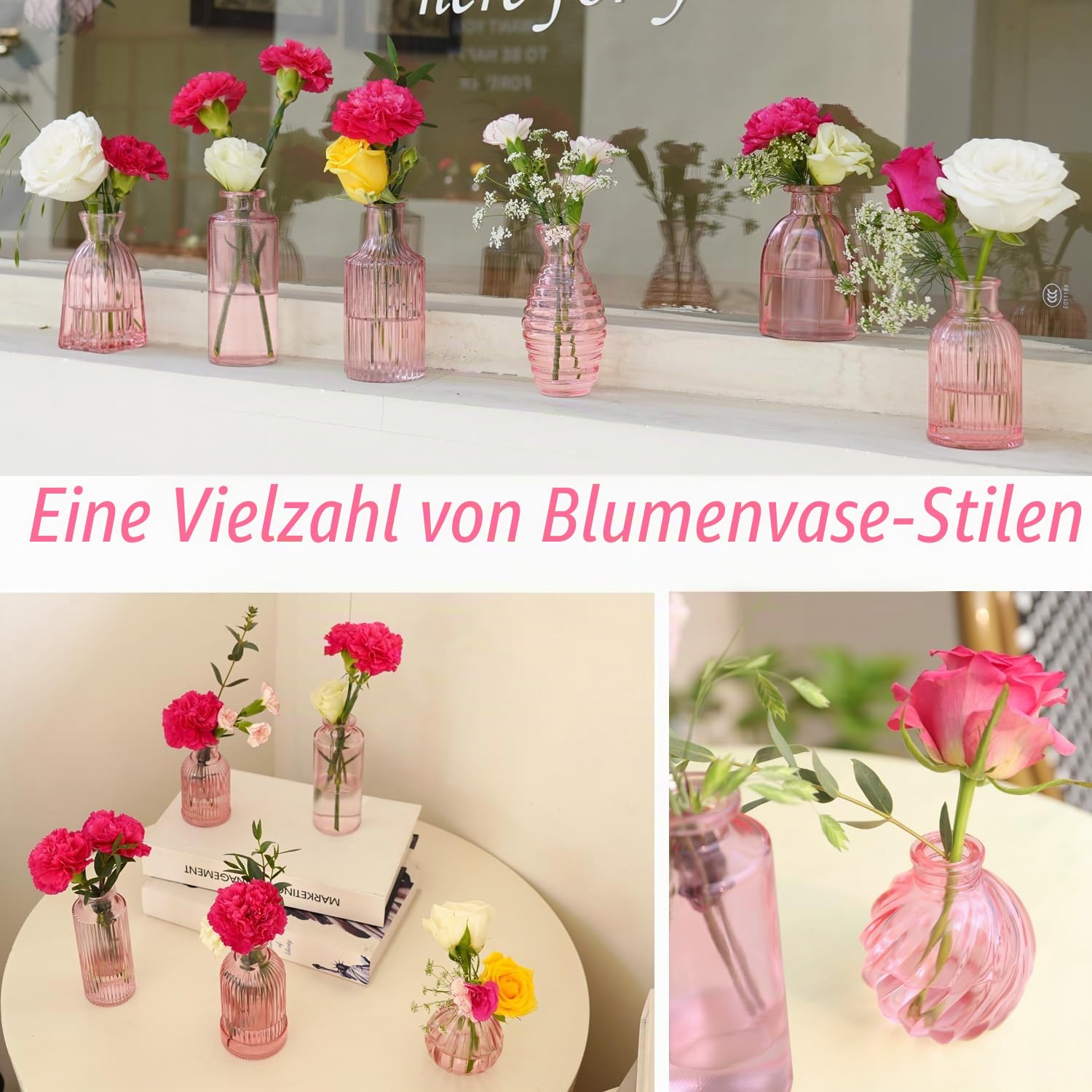 Pinke Vase, Knospenvasen, Set mit 12 Stück, kleine rosa Glasvasen für Blumen, Moderne gerippte Glasvase für Dekoration, Hochzeit, Blumenvase in Großpackung, Vintage-Dekor, Brautparty, Tafelaufsatz,