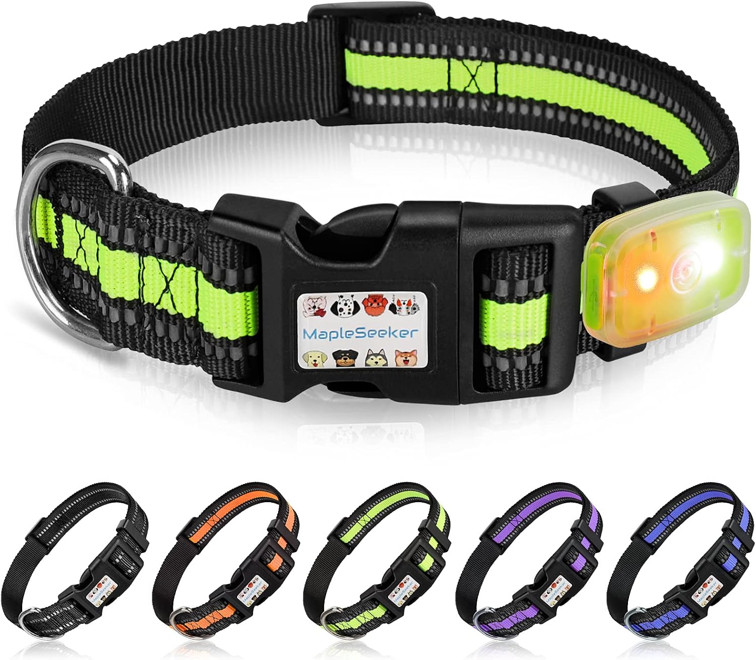 MapleSeeker Reflective Dog Collar with Optional LED Light&AirTag Case,Adjustable Nylon Puppy Collar,Quick Release Buckle,Cool…