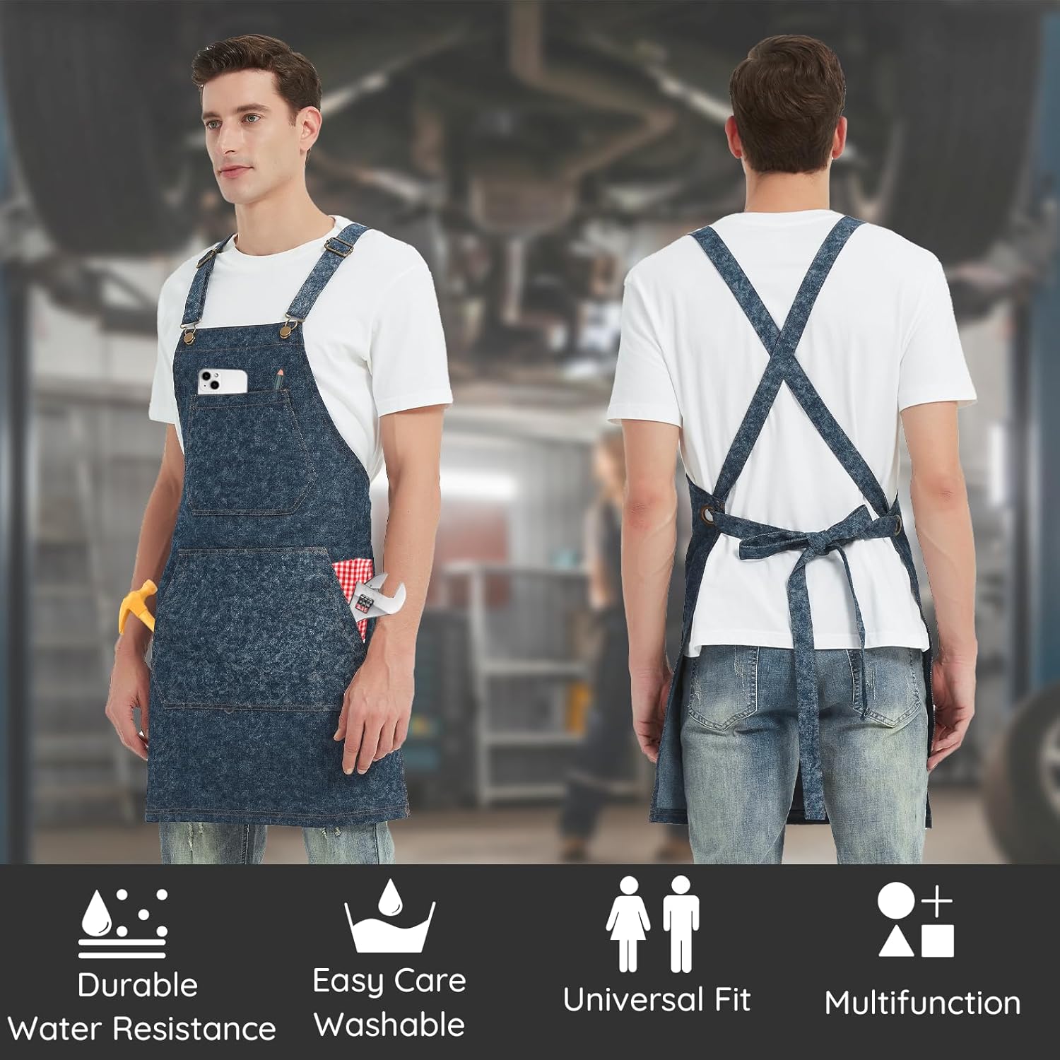Cotton Denim Apron for Men Women, Cross Back Chef Apron with Large Pockets Removable Straps for Kitchen Cooking Gardening BBQ Hair Stylist Barista, Heavy Duty Jean Work Apron Adjustable Size - Image 2