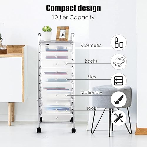 Miniatura 4 de FUTADA Carrito de almacenamiento con ruedas de 10 cajones, carrito de utilidad móvil, carrito de almacenamiento de artículos diversos con ruedas con
