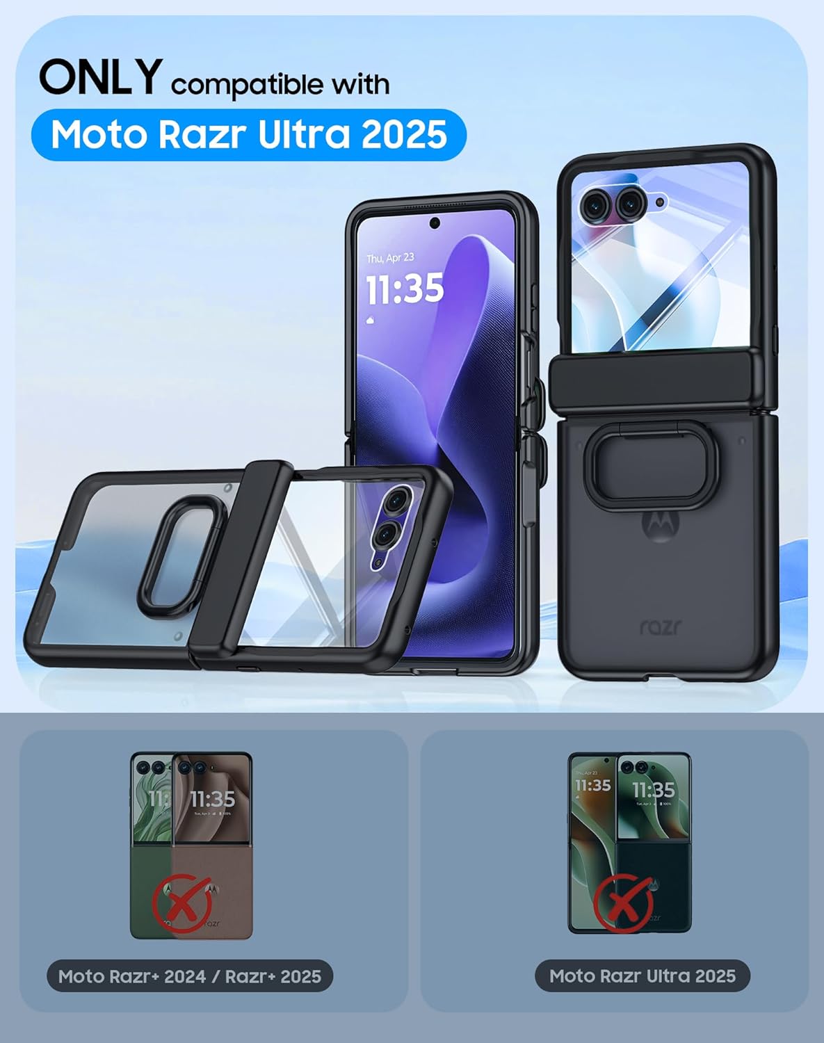for Motorola Razr Ultra 2025 Case with Ring Holder & Screen Protector & Hinge Protection, Wireless Charging, Skin Feel Matte PC, Shockproof Phone Case for Moto Razr Ultra 2025-Black