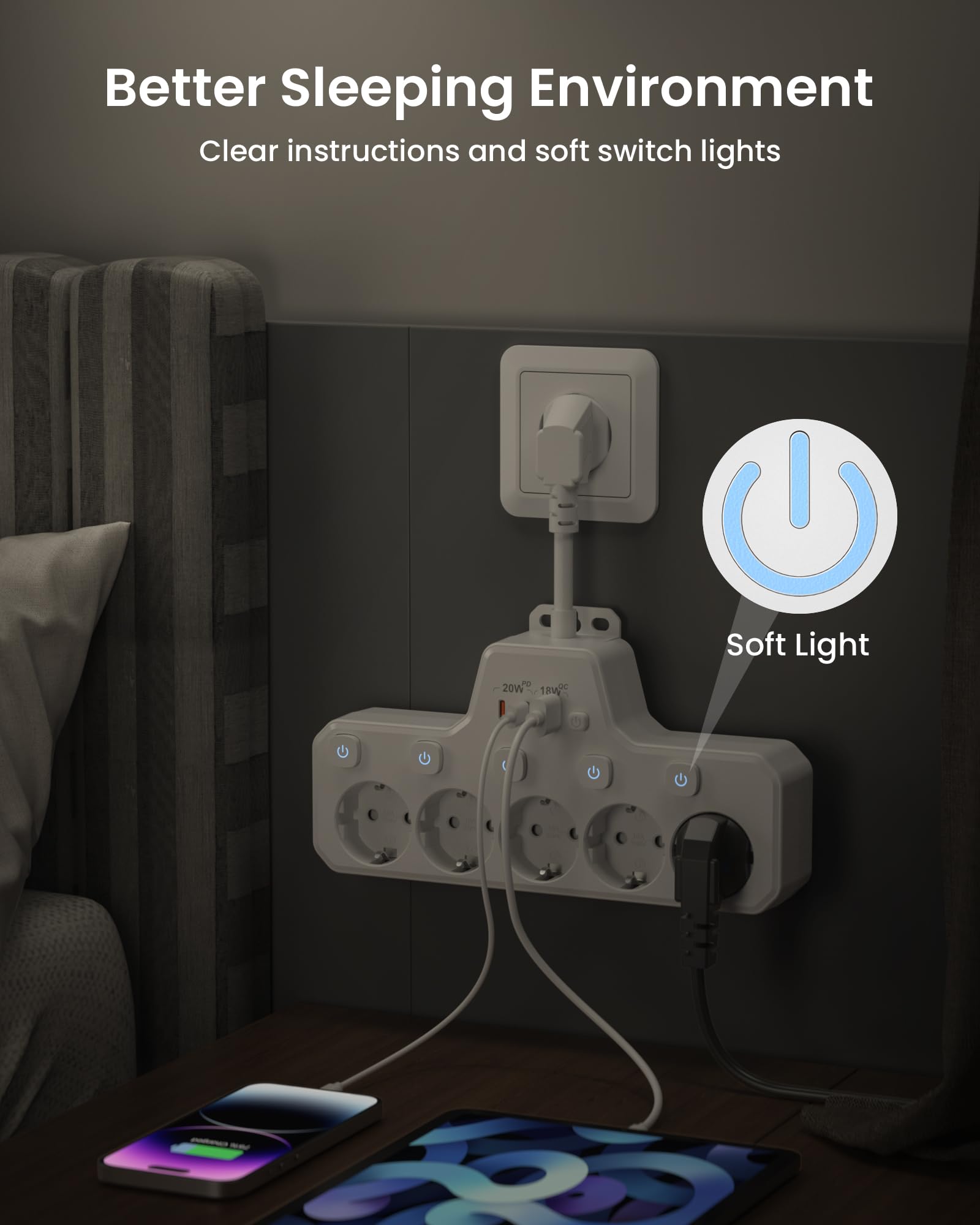 Regletas Enchufes Proteccion Sobretension, Ladron Enchufes con Interruptor,Regleta 5 Tomas con USB Carga rápida PD20W,Base Enchufe Multiple Interruptor Independiente,Enchufe Pared Cable Corto,Blanco