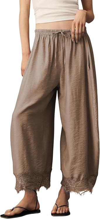 Lviefent Womens Wide Leg Pants Casual Elastic Waist Cropped Lace Hem Pants Summer Beach Trousers with Pockets Khaki-S