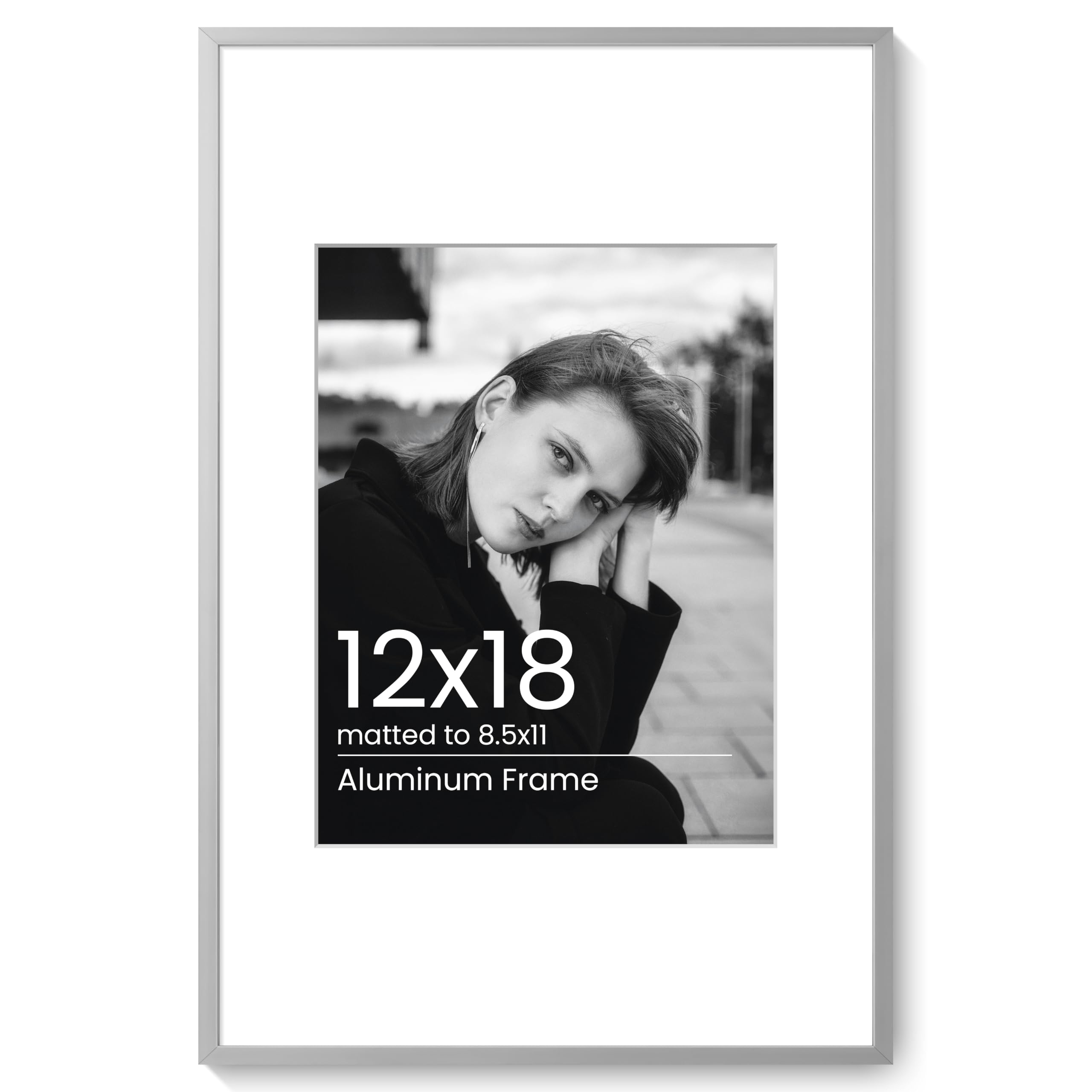 KovaScape 12x18 Aluminum Photo Frame - Modern Flat Metal Picture Frames with 8.5x11 Removable Mat and HD Glass - Versatile Wall & Tabletop Display for Gallery Art, Silver