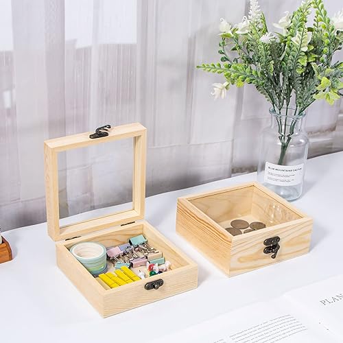 Miniatura 6 de Useekoo 2 cajas pequeñas de madera con tapa, 4.7 x 4.7 x 2 pulgadas, caja de regalo de madera sin terminar con tapa de cristal, pequeña caja de