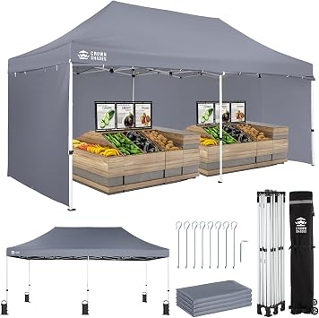 CROWN SHADES 10x20 Commercial Instant Pop Up Canopy, Gray | 400D Fabric, Heavy Duty Full Cross Framework, Convenient Wheel Bag, 4 Height Adjustment, 4 Sidewalls