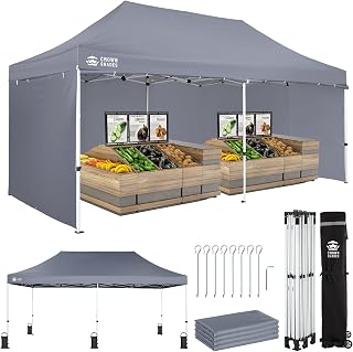CROWN SHADES 10x20 Pop Up Canopy Tent, Thicken Frame Commercial Heavy Duty Tent, 4 Sidewalls 8 Stakes & 4 Sandbags & 4 Ropes, Outdoor Canopies for Events, Parties, Gray
