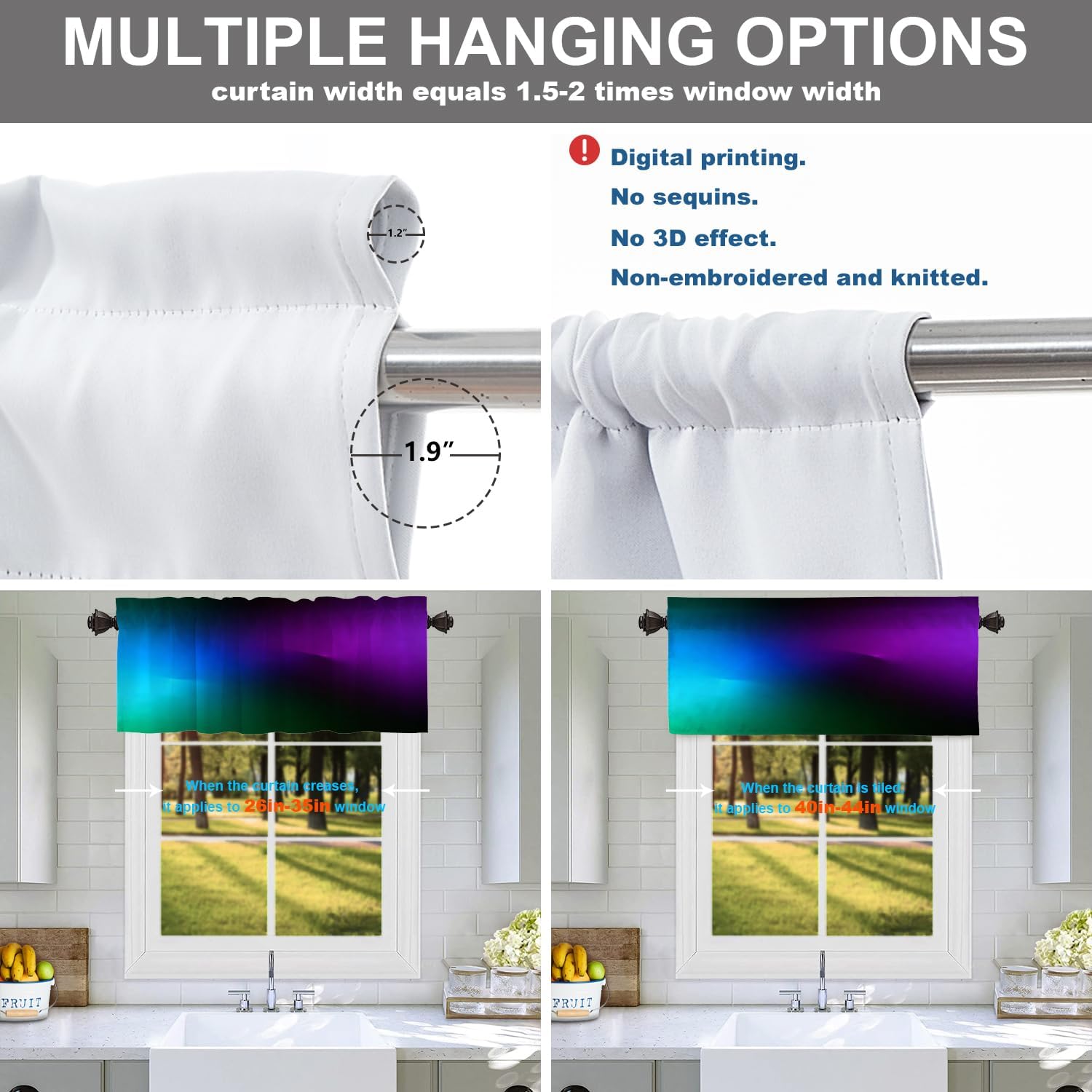 Batmerry Purple Teal Blue Green Kitchen Valances Half Window Curtain, Fancy Green Teal Black Kitchen Valances for Windows Bedroom Heat Insulated Valance for Decor Reducing The Light 52x18 Inch