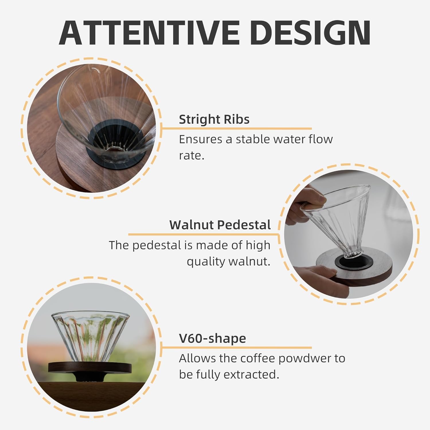 Coffee Dripper, Resuable Pour Over Coffee Maker With Walnut Pedestal, Detachable Pour Over Coffee Dripper, Single Cup Coffee Pour Over, 02 (Borosilicate Glass, 1-4 Cups)