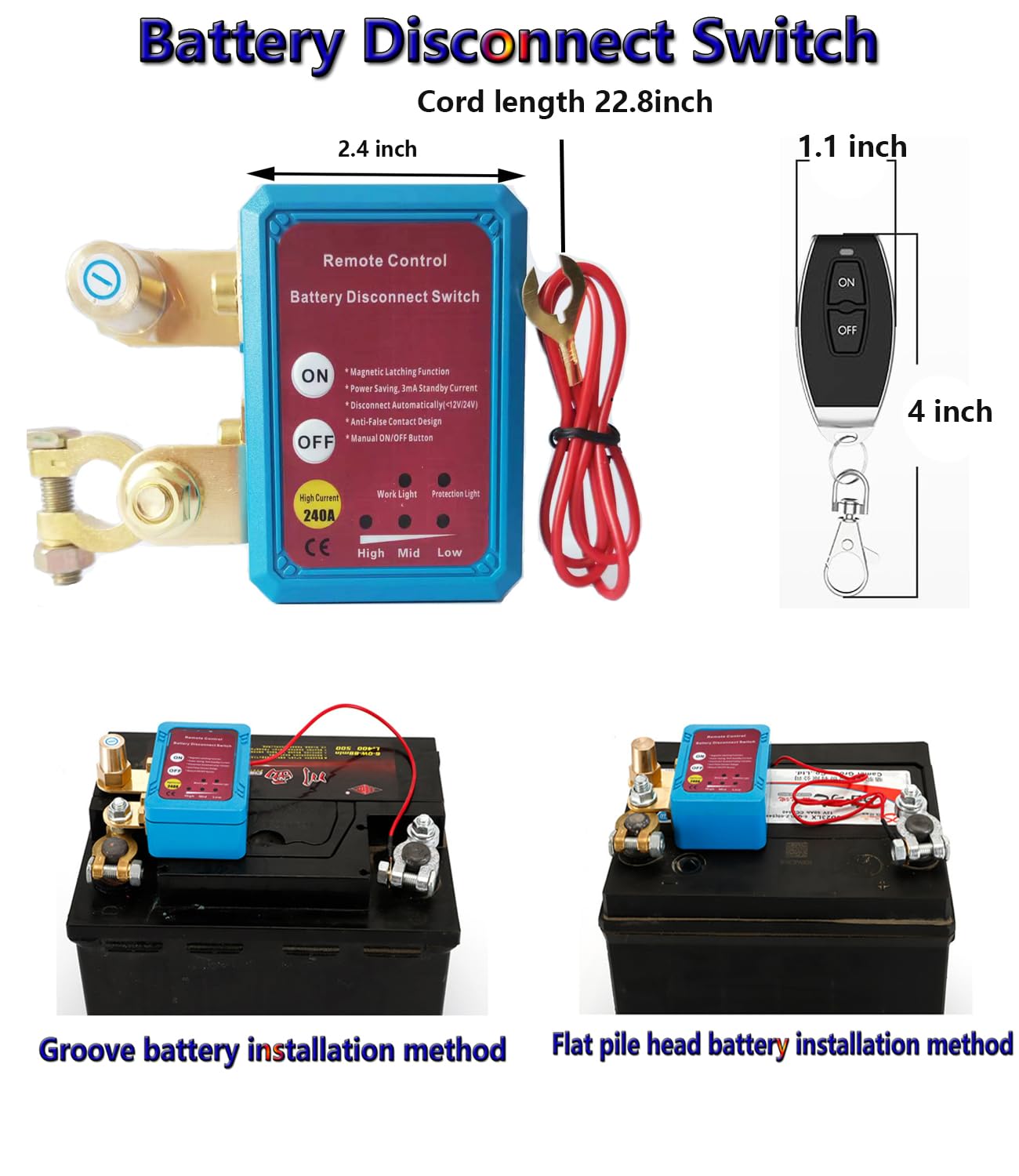 Disjoncteur de batterie télécommandé sans fil - 12 V - 240 A - Interrupteur d'arrêt automatique - Pour voiture, camping-car, ATV, camion, bateau