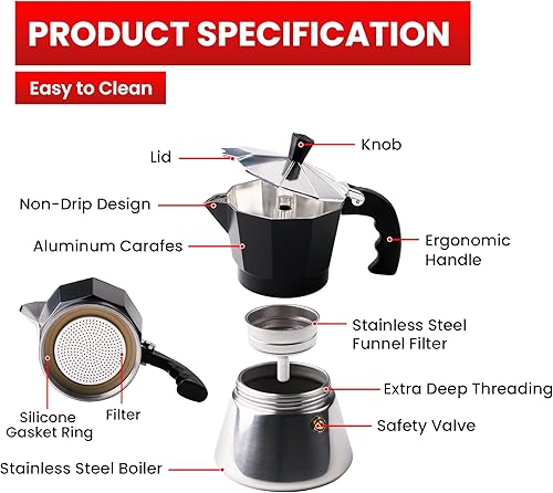 Miniatura 4 de El juego de ollas Moka de 3 tazas incluye 2 tazas y platillos de cerámica para café expreso, acero inoxidable y aluminio, para gas, eléctrica y