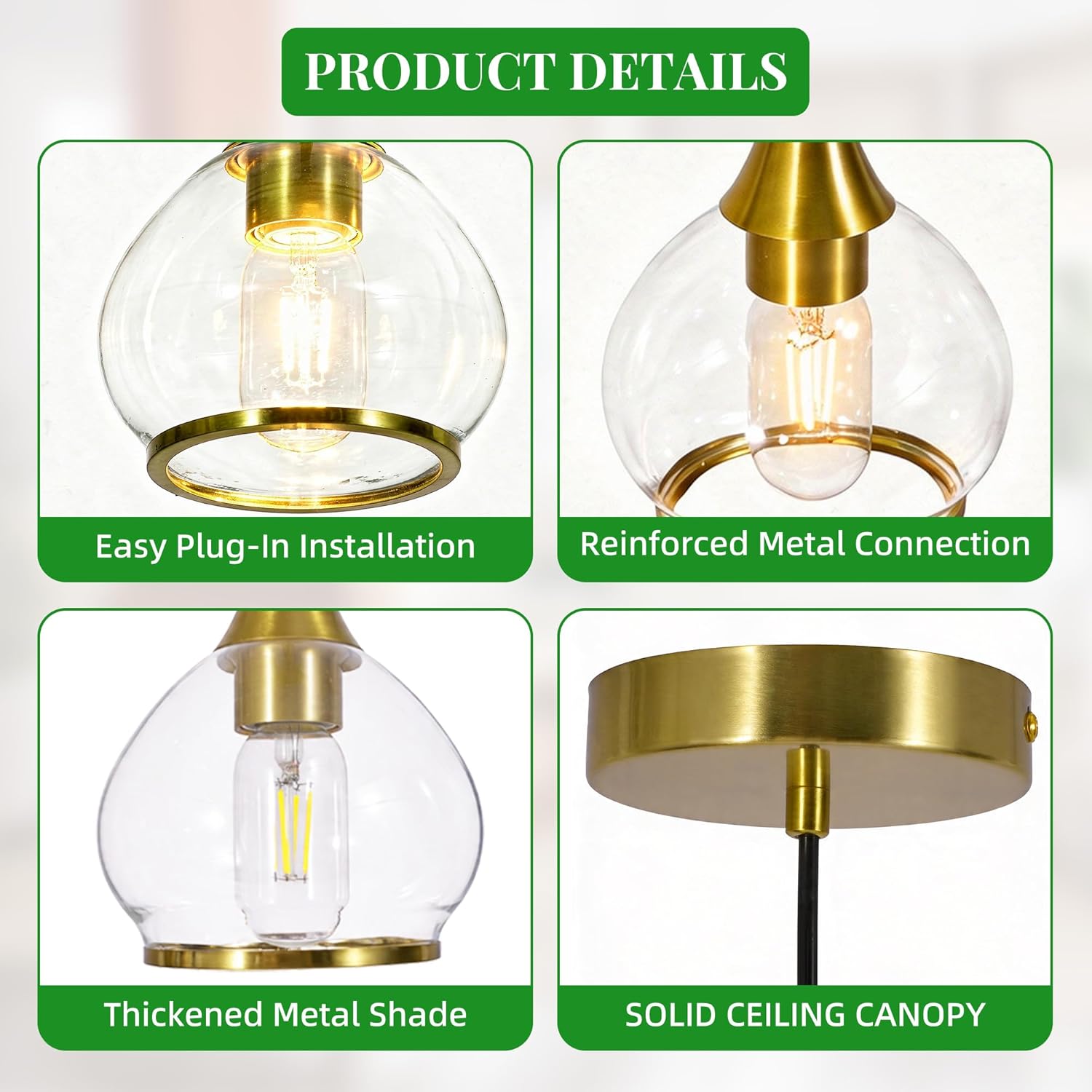 Kitchen Island Linear Pendant Light, 1-Pack 1-Light Gold Pendant Light, Brushed Gold Glass Globe Hanging Light Fixture for Dining Room, Over Table, Bar