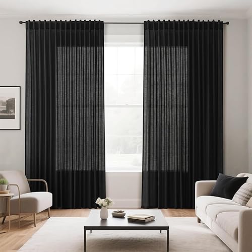Miniatura 8 de Cortinas negras sólidas de 96 pulgadas de largo, juego de 2 paneles con pestaña trasera, cortinas de lino negro transparente, modernas cortinas de