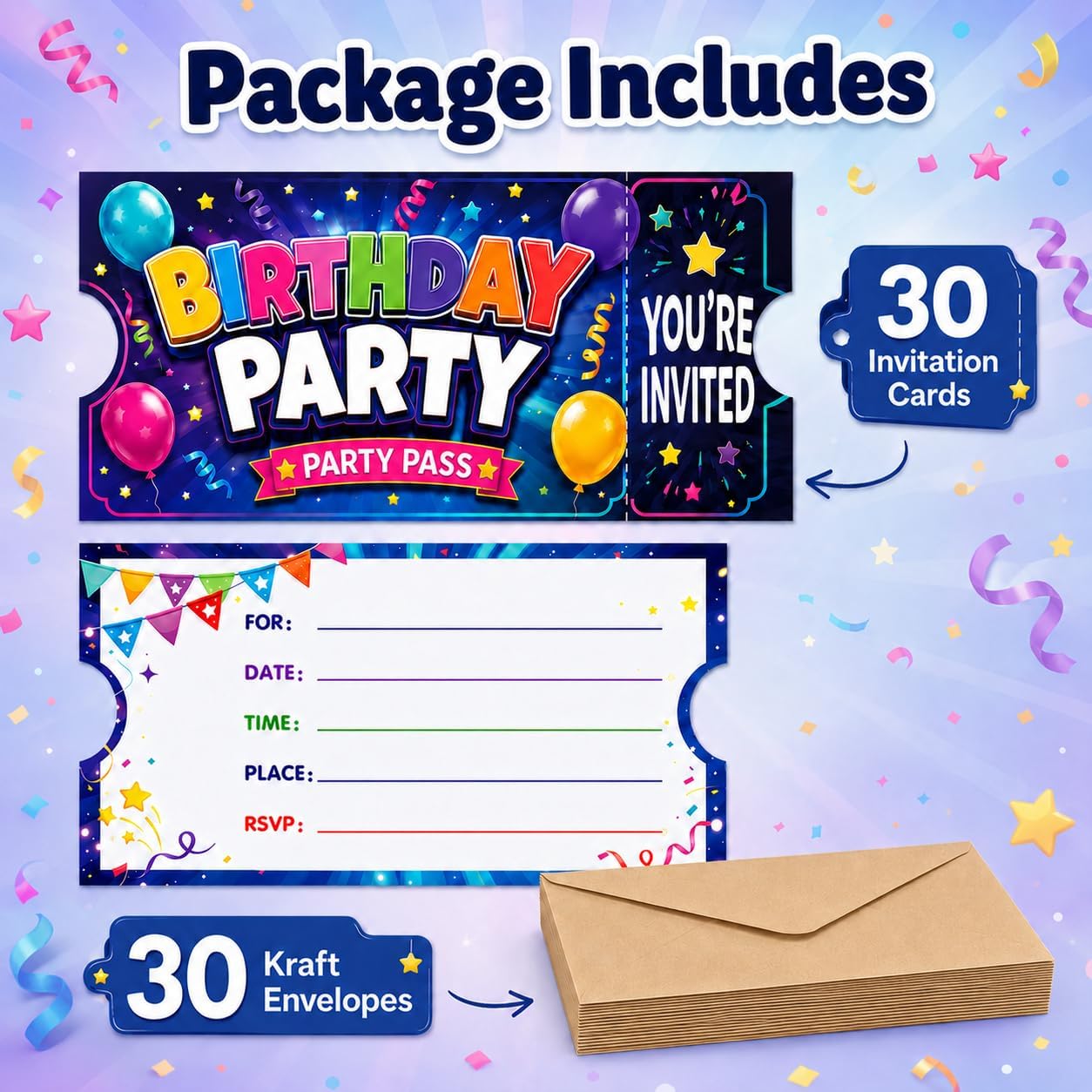 30 Pack Birthday Party Invitations, Tear-Off Tickets, 5.9 x 3.15 in