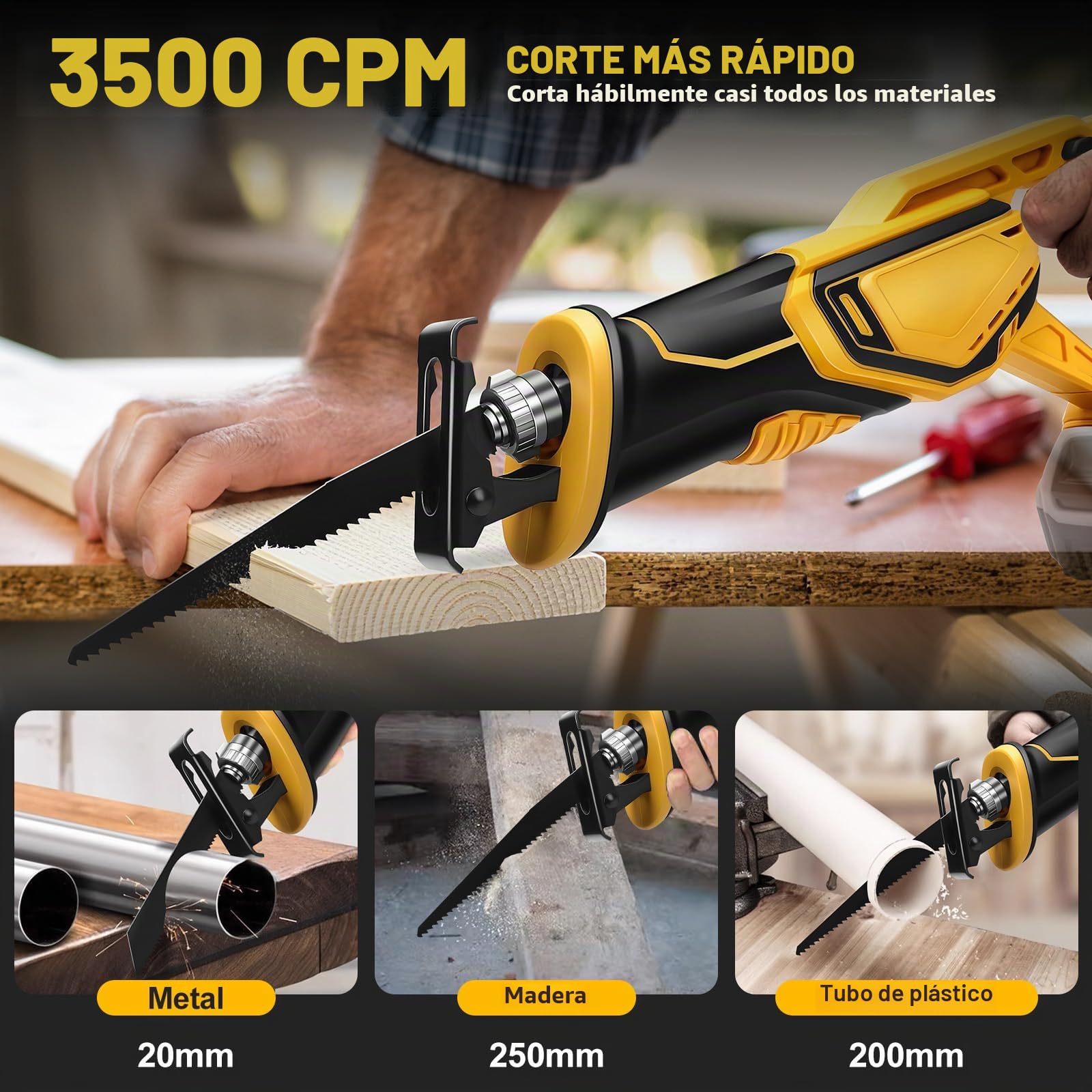 Roadtime Sierra Sable Inalámbrica para DeWalt 20 V baterías (sin batería),motor sin escobillas 0-4000 RPM Sierra Electrica de Velocidad Variable, con 4 Cuchillas para Cortar PVC/Madera/Metal