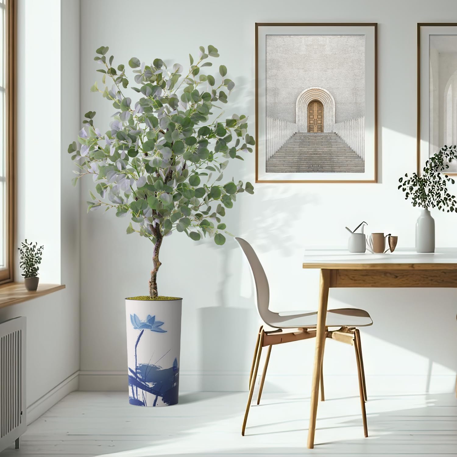 Artificial Tree in Blue Flower and Paint Texture Planter, Fake Eucalyptus Silk Tree for Indoor and Outdoor Home Decoration - 66" Overall Tall (Plant Pot Plus Tree)