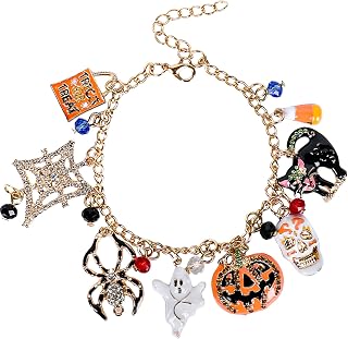 Whaline Halloween Bracelet Halloween Pumpkin Spider Ghost Black Cat Pendant Bracelet Adjustable Alloy Drop Hand Chain for Girls Women All Saints' Day Party Costume Accessories Gift