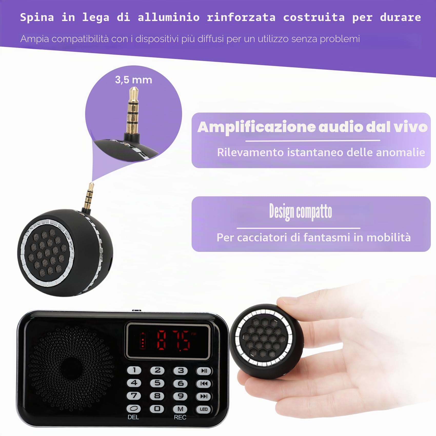 Kit da caccia fantasma da 11 pezzi con 1 misuratore EMF, 1 registratore EVP, 1 Spirit Box, 1 altoparlante, 1 termometro a infrarossi, 1 luce UV, 2 aste di rilevamento in ottone, 2 palline LED per