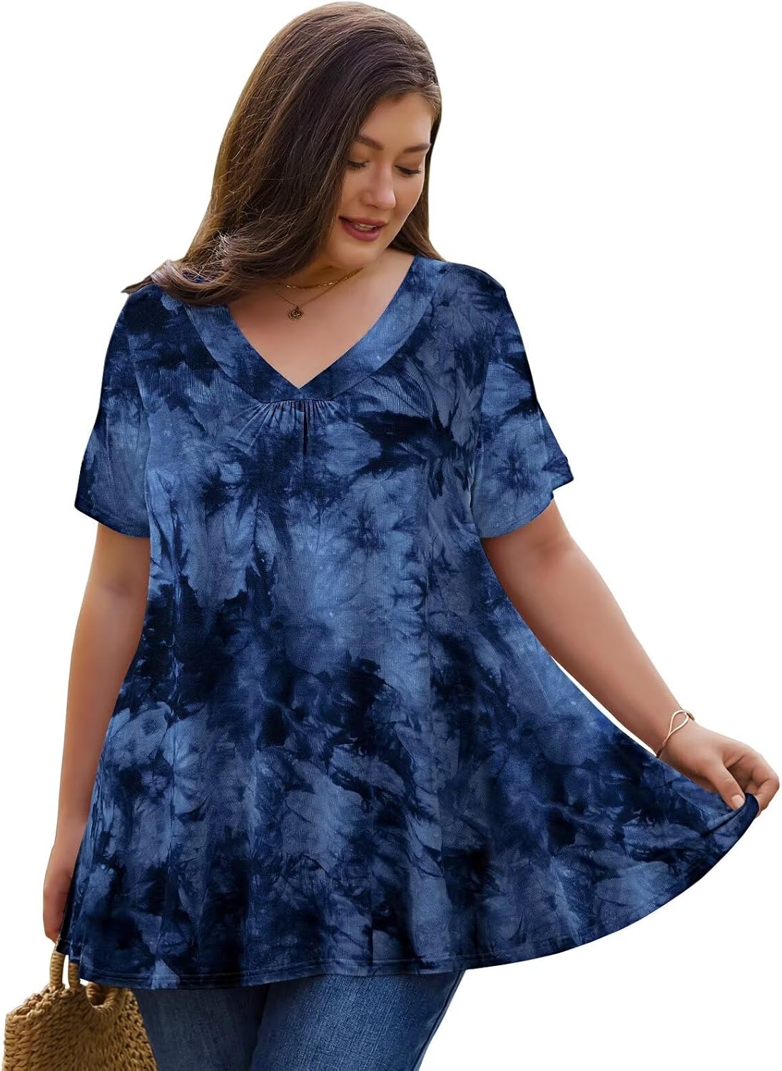 LARACE Plus Size Tops for Women Short Sleeve Women's V Neck Pleated Tunics Dressy T-Shirts Summer Clothes Loose Fit Blouses - Image 4