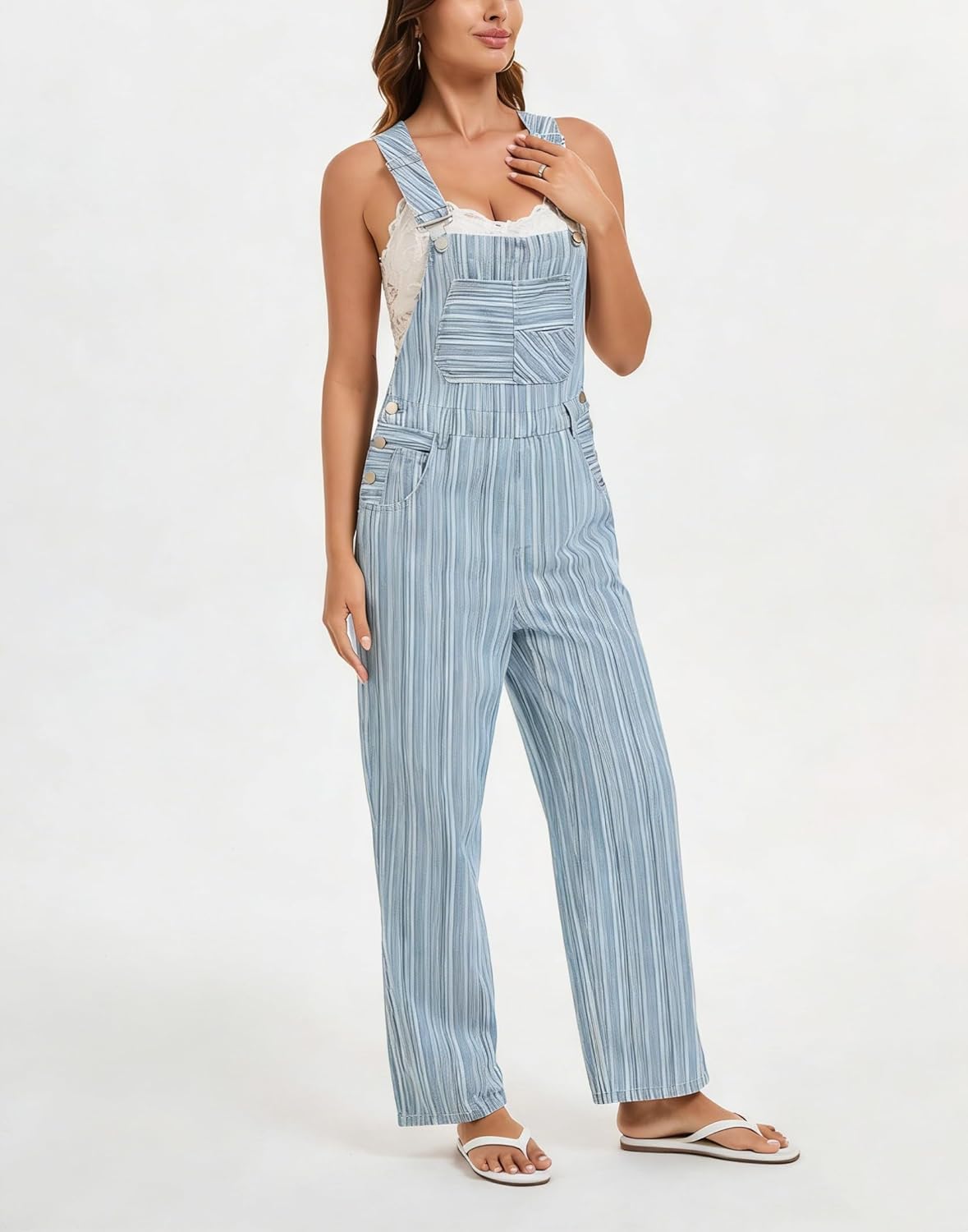 Ladyful Striped Denim Bib Overalls for Womens Loose Fit Wide Leg Denim Jumpsuit Pant Baggy Work Jean Romper