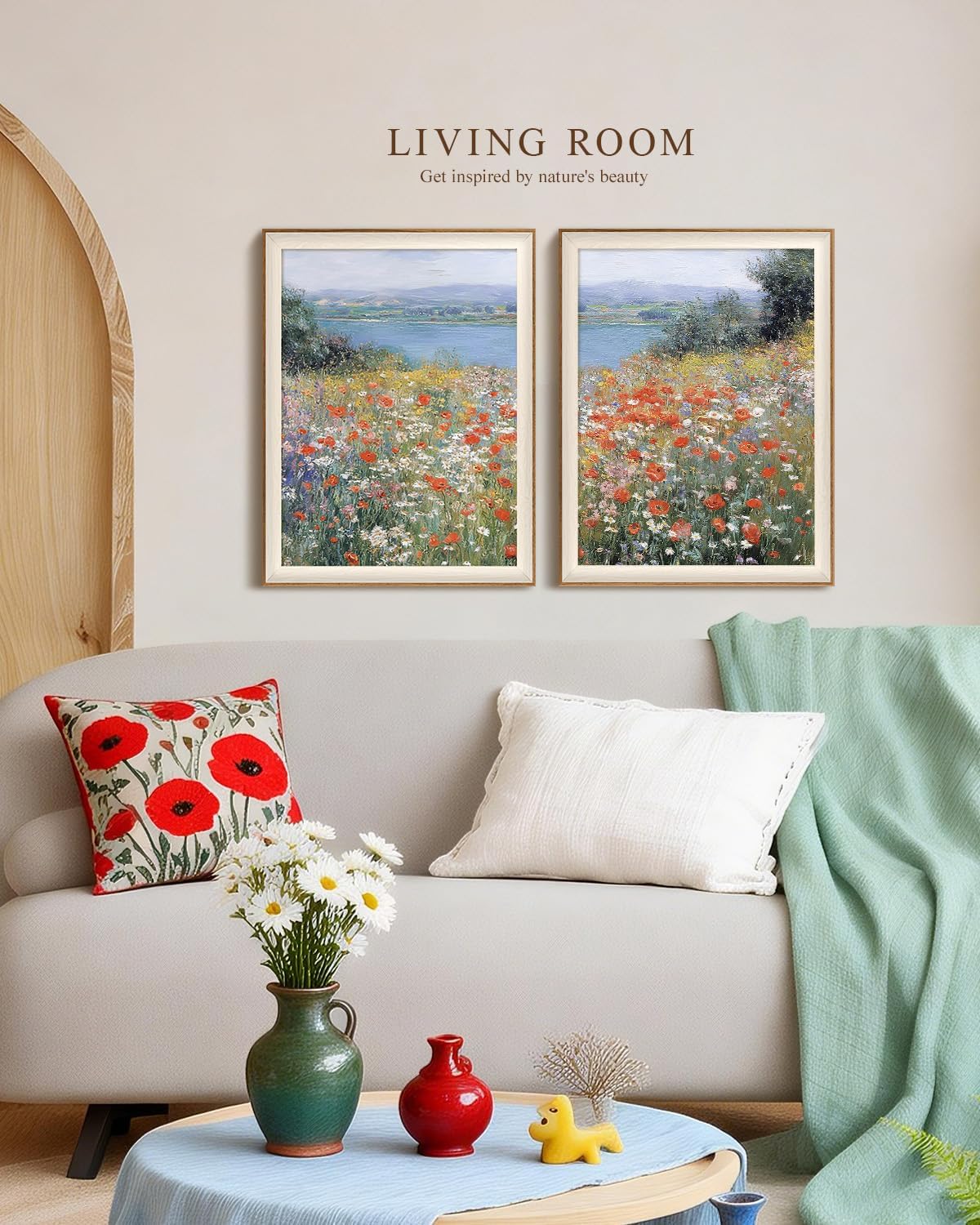 VIYYIEA Framed Impressionist Wildflower Wall Art Set of 2, Pastoral Poppies Landscape Canvas Painting Print, Vintage Nature Scenic Decor for Living Room Bedroom Office, 16x20 Inch