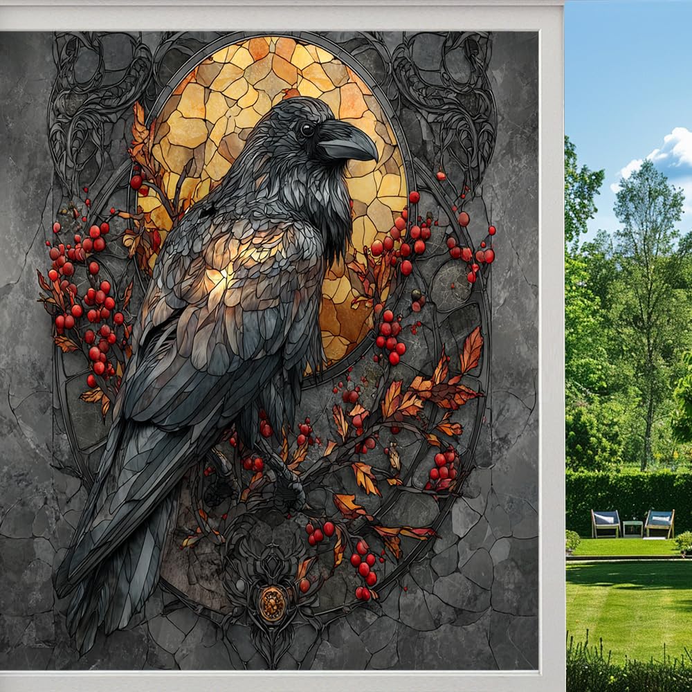Mysterious Raven Privacy Window Film, Dark Moon Gothic Crow Frosted Self-Adhesive Vinyl Cling for Glass Doors Bathroom Windows Sun Blocking Heat Control, （90x140cm）