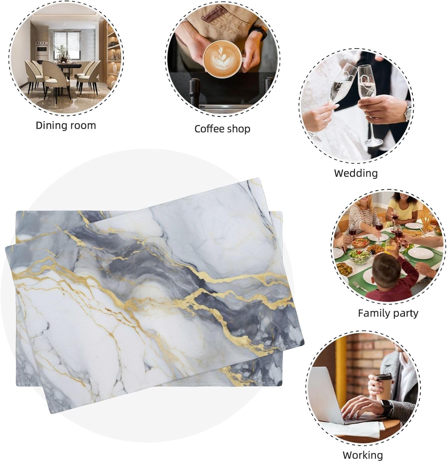 Fiokroo Golden Marble Texture Placemats Set of 6 Table Mats Table Tableware Place Mats with Non-Slip Heat-Resistant Washable for Dining Home Kitchen Party Indoor