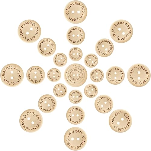 150 botones de madera Pinowu (15-0.787-0.984 in) hechos a mano con amor, decoración redonda para manualidades, 2 agujeros, botones de costura de