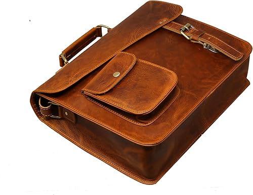 Miniatura 4 de jaald Bolso de mensajero de cuero para computadora portátil, maletín marrón envejecido bandolera compatible con iPad y tableta