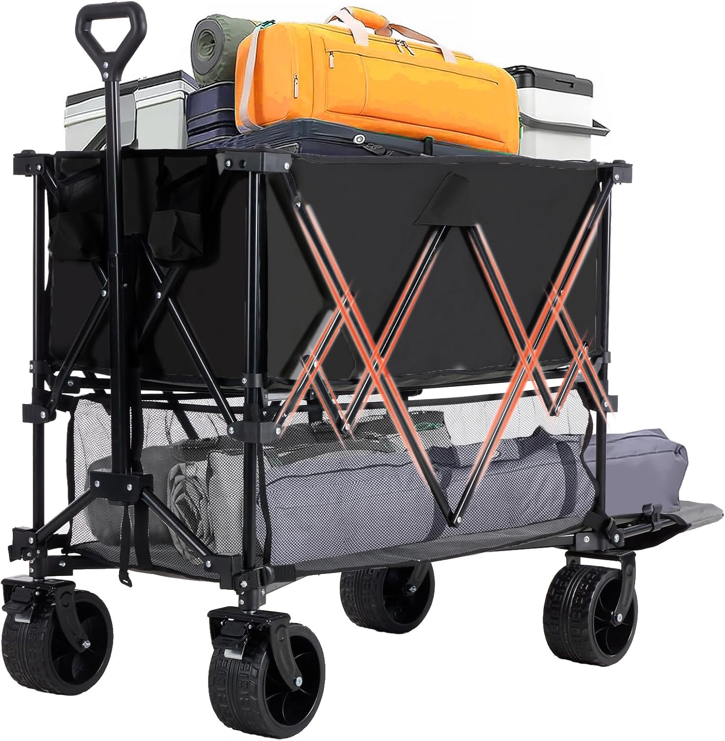 DUMOS 440LBS Heavy Duty Double Decker Wagon Cart with Extender, 400L Large Capacity Collapsible Folding Wagons with Brakes, Adjust Handle, All-Terrain Big Wheels for Garden Shopping Camping - Black