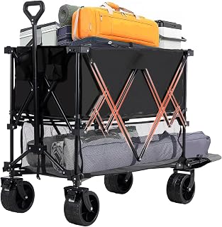 DUMOS 440LBS Heavy Duty Double Decker Wagon Cart with Extender, 400L Large Capacity Collapsible Folding Wagons with Brakes, Adjust Handle, All-Terrain Big Wheels for Garden Shopping Camping - Black