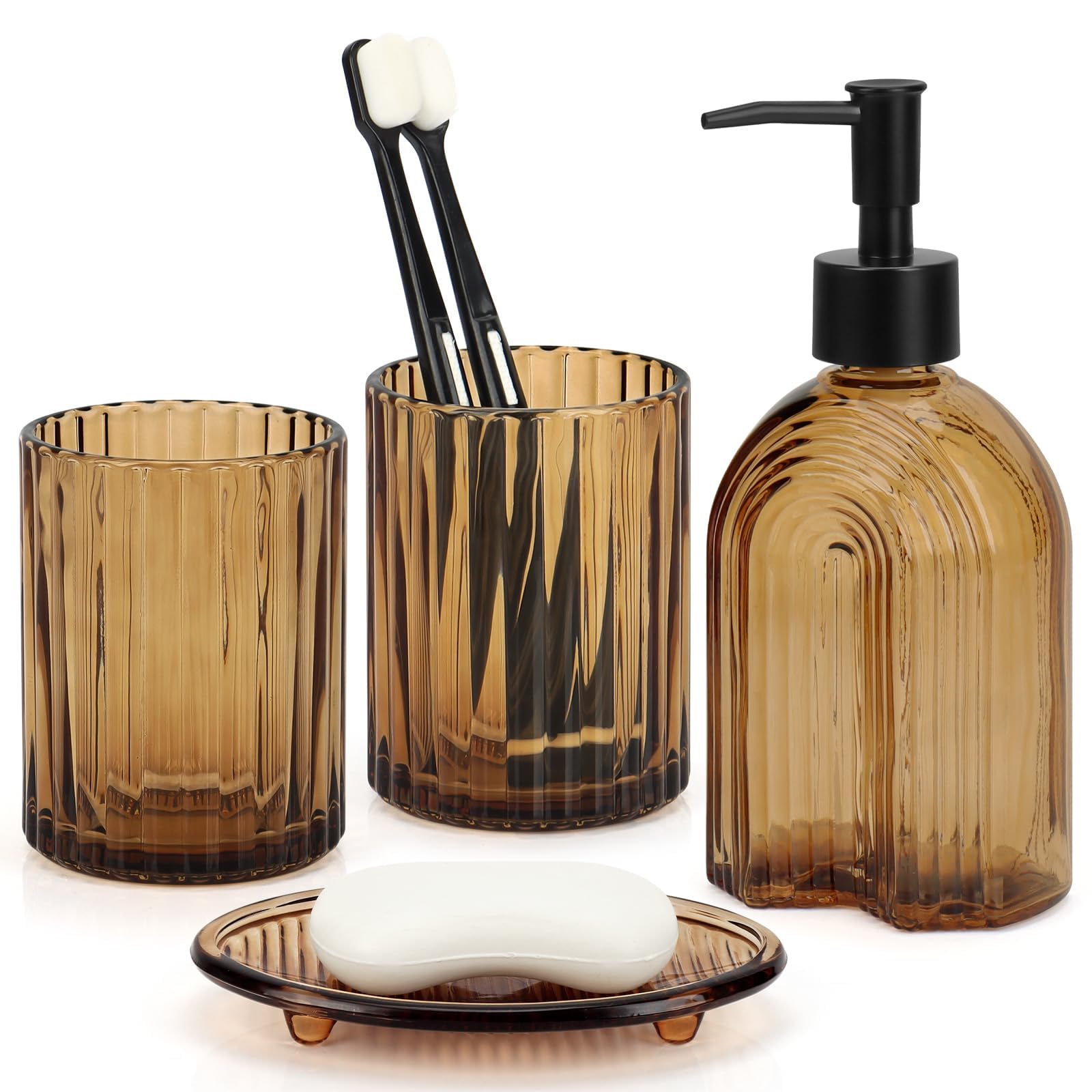 Juego de 4 accesorios de baño de vidrio ámbar, dispensador de jabón con diseño de rayas arqueadas, soporte para cepillo de dientes, vaso y jabonera, juego completo de organizador de encimera de baño