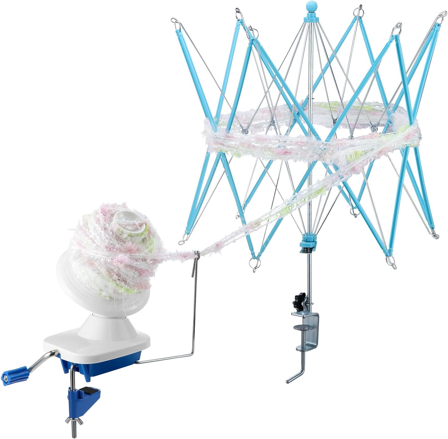 QWORK Yarn Winder and Swift Combo for Knitting and Crocheting, Blue Ball Winder for Yarn with Adjustable Umbrella Swift, Fits Desks up to 1.5in, Heavy Duty Yarn Spinner Tool Set