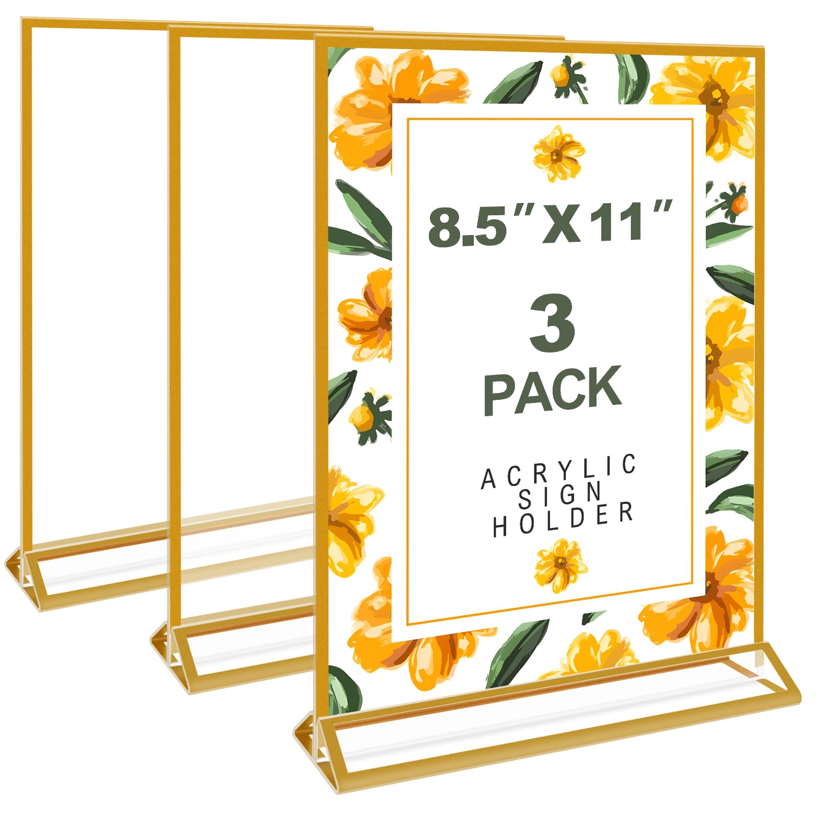 PUJIANG 3 Pack Acrylic Sign Holder 8.5 x 11 Inch Gold, Double Sided Clear Display Stand for Wedding Table Numbers, Menu Holder, Picture Frame, Crystal