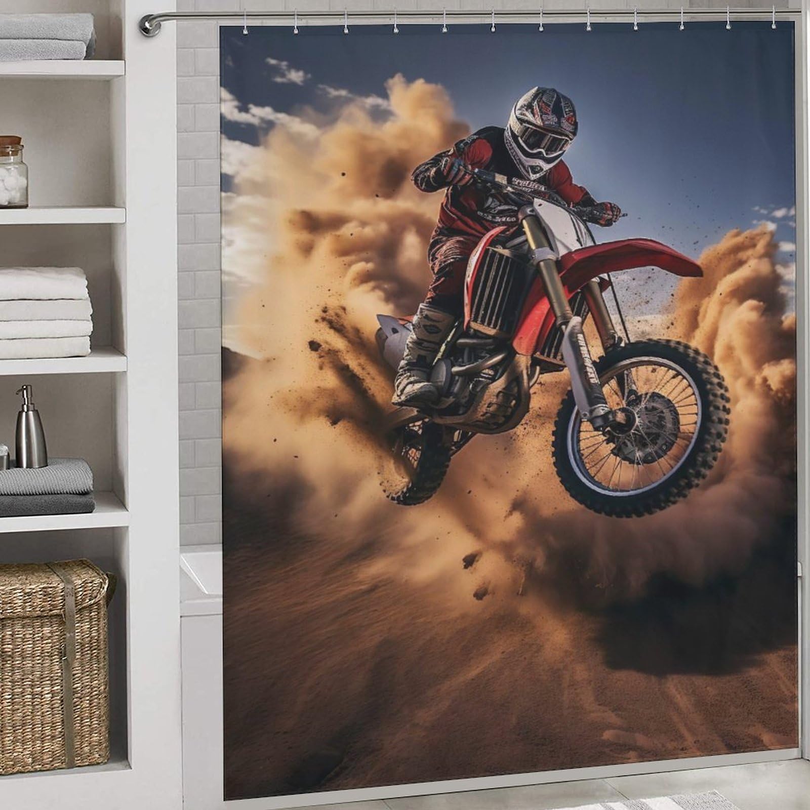 Rideau de douche motocross en polyester souple avec 12 crochets inclus