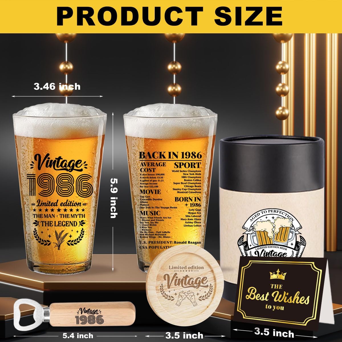 40th Birthday Gifts Men 40 Year Old Gifts For Men Vintage 1986 Beer Drinking Glass Unique 40th Birthday Gifts Happy Anniversary 40th Birthday Party Supplies Decorations - Image 3