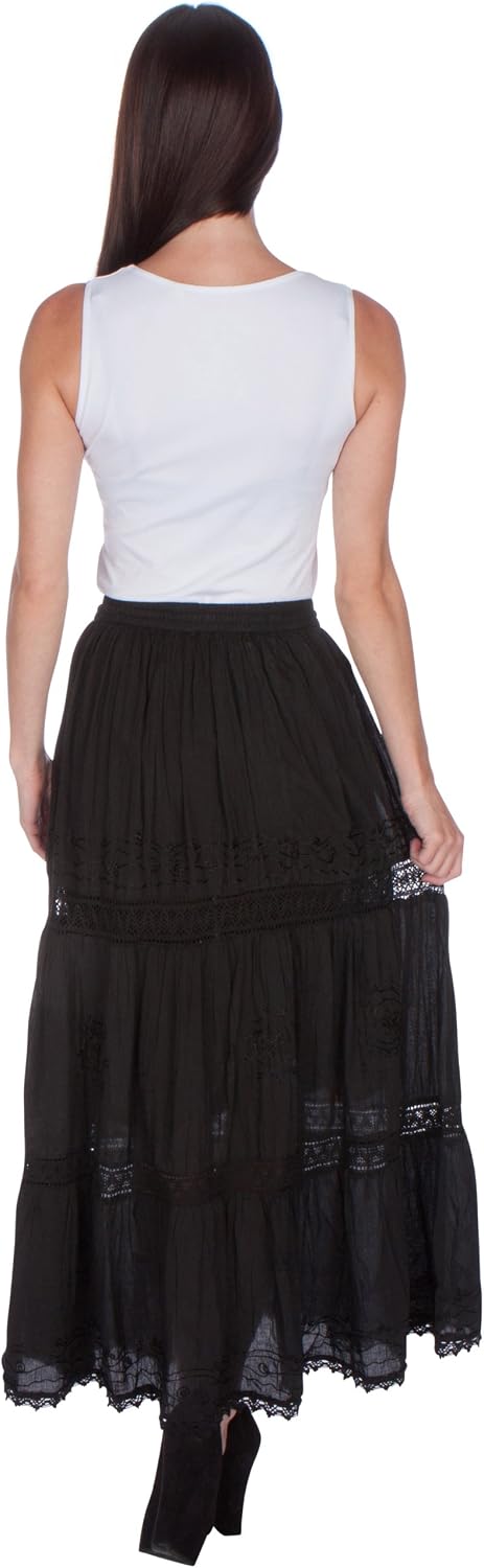 Sakkas Solid Embroidered Gypsy Bohemian Mid Length Cotton Skirt