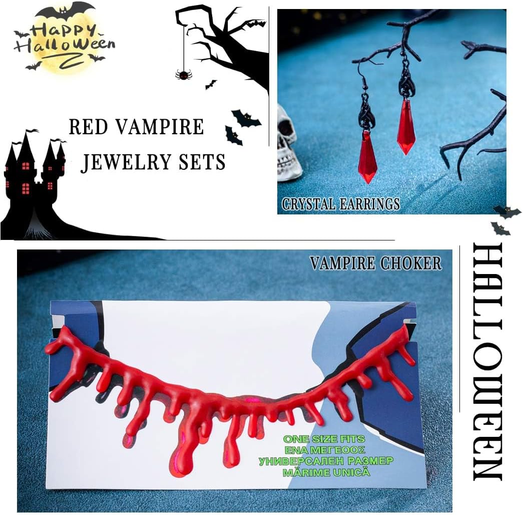 2PCS Halloween Necklace Sets for Women Gothic Vampire Jewelry Accessories Red Blood Choker Necklace and Black Bat Blood Earrings Punk Halloween Costume - Image 4