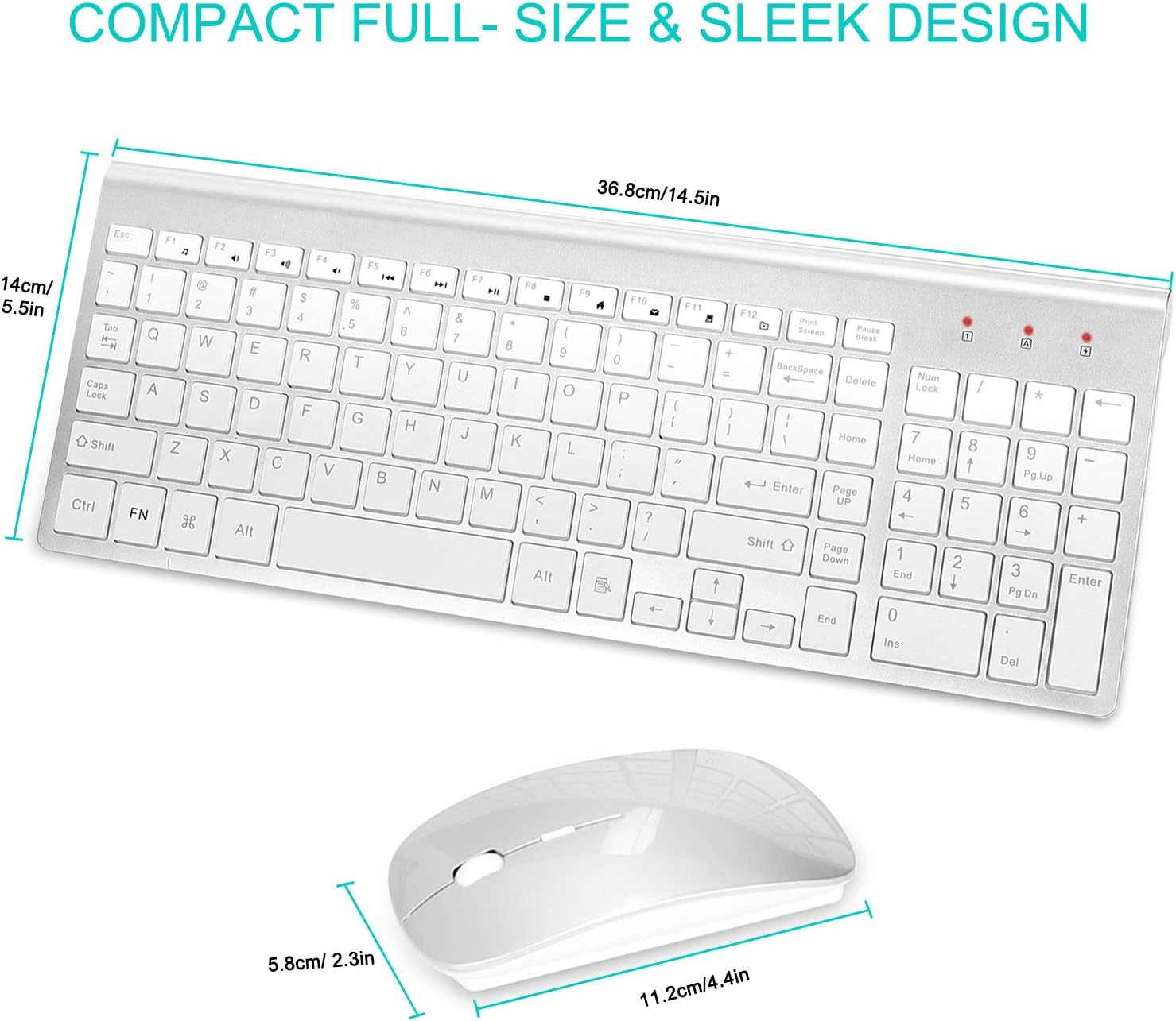 Wreless Keyboard and Mouse, Full-Size Slim Compact Ergonomic 2.4Ghz USB Wireless Keyboard Mouse for PC Computer Laptops Windows - Silver White