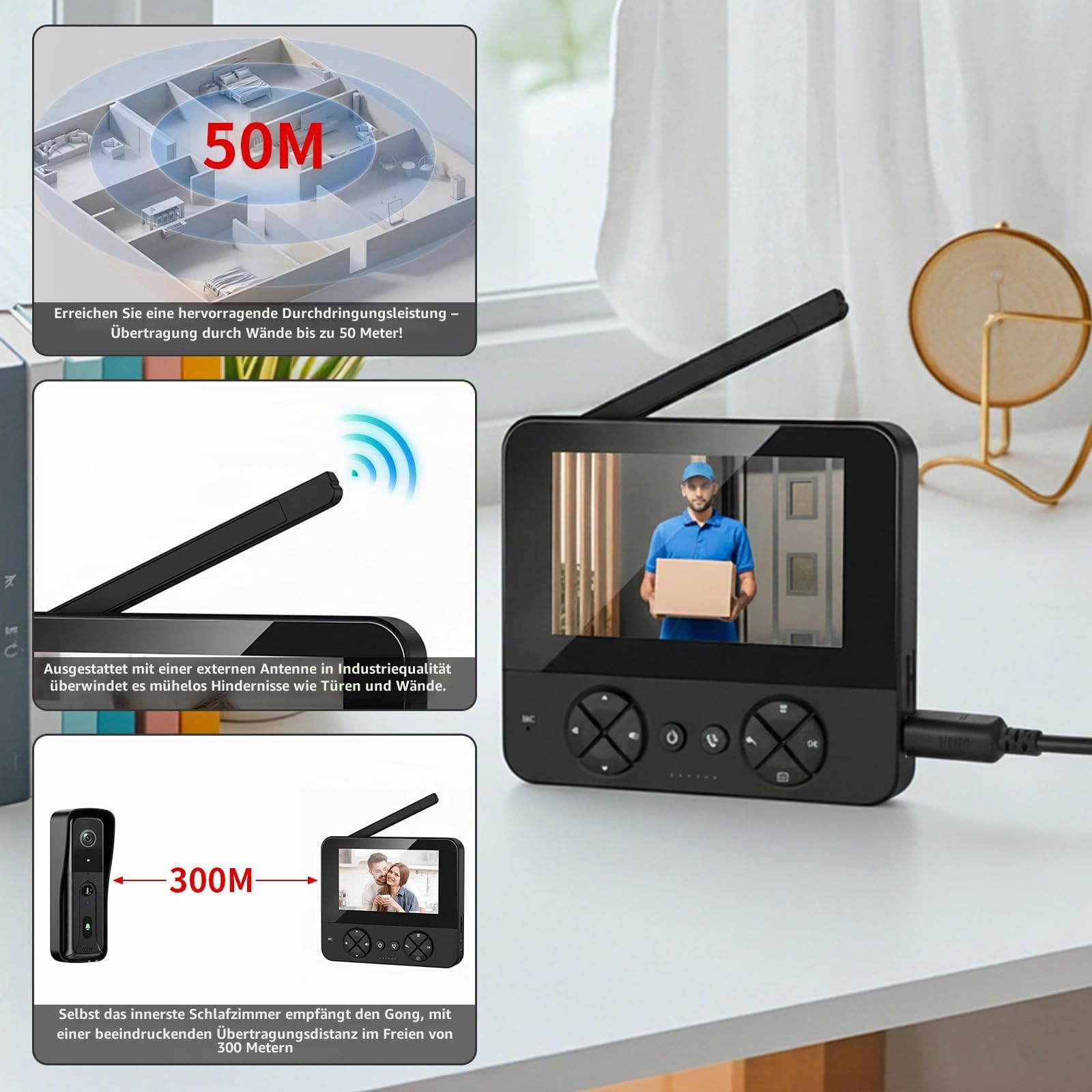 Türklingel mit 4,3 Zoll Monitor und Kabellose Kamera – Video Türklingel ohne WLAN, 2-Wege-Audio HD Kamera Gegensprechanlage mit PIR-Bewegungserkennung, Infrarot-Nachtsicht und Wasserdichtem Display