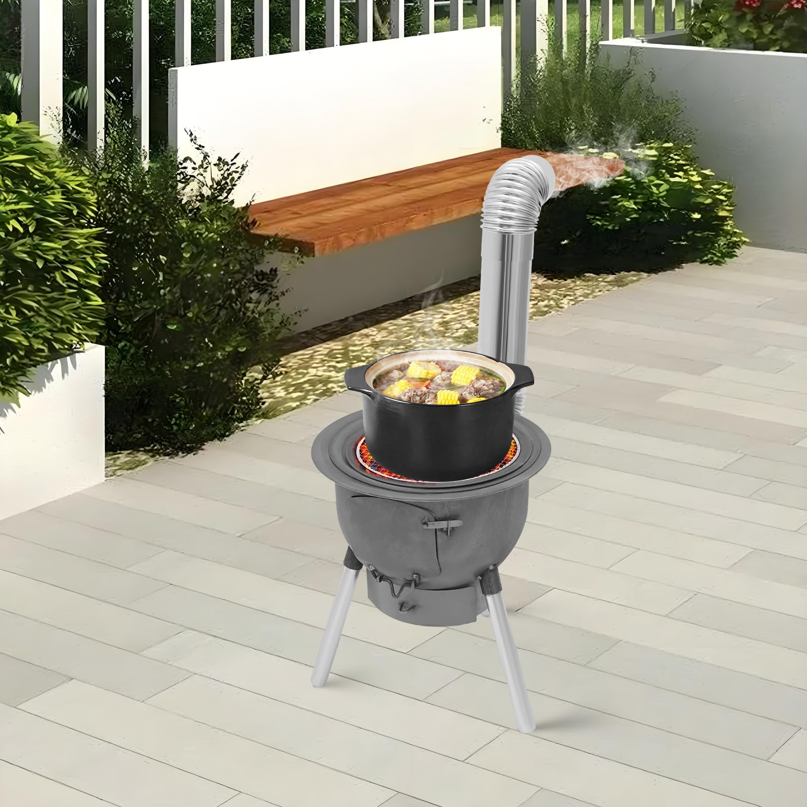 Przenośny piec na drewno, piec namiotowy z rurą kominową, rusztem do grillowania i nogami, piec rakietowy, ogrzewanie namiotu, na kemping, wędrówki, piknik i grill (43 cm, 3 pierścienie grzewcze)