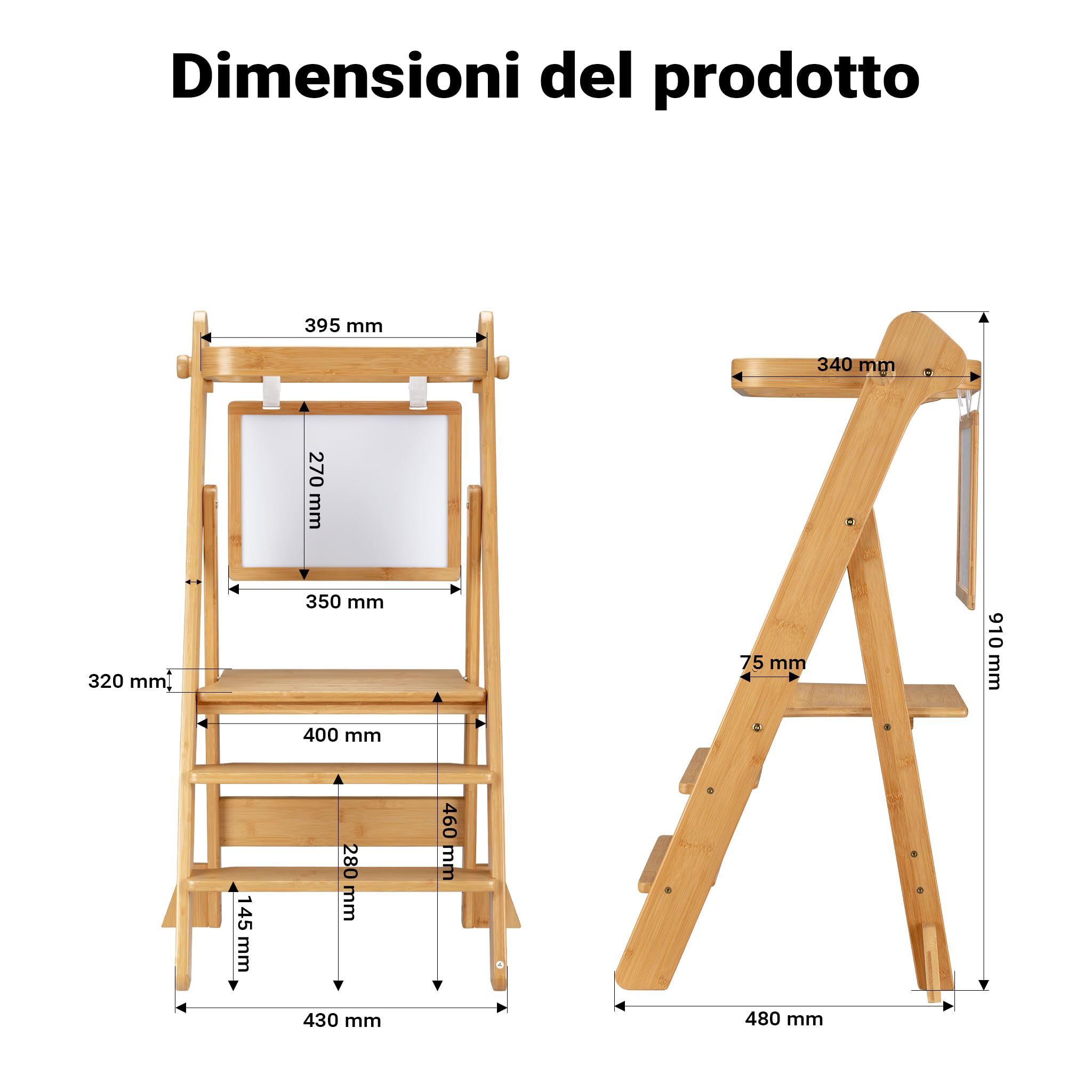Wiltec Torre di apprendimento pieghevole per bambini 43 x 48 x 91 cm in bambù, torre montessoriana regolabile in altezza per bambini, sgabello per bambini con barra di protezione