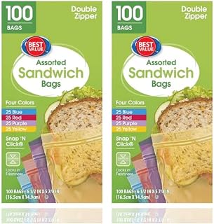 (Pack of 2) Double Zipper Sandwich Bags, Assorted Colors, 100 Count – Resealable Sandwich Size Storage Bags for Snacks, Lunch, Travel, Leftovers and Everyday Home Organization