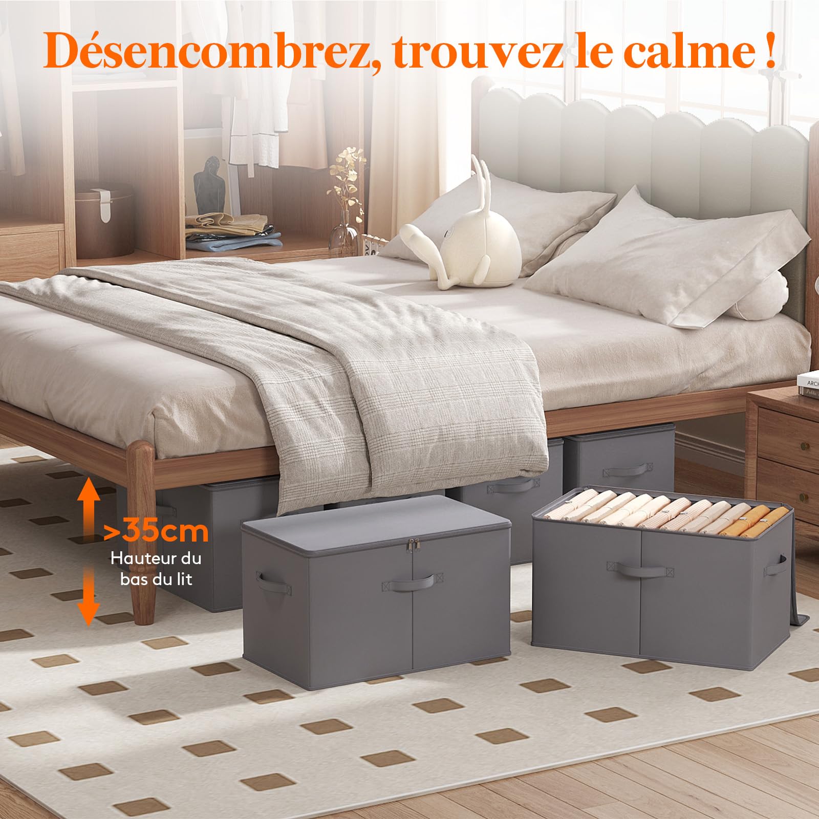 Lifewit Boite Rangement Vetement Tissu, Caisse avec Couvercle, Sac Rangement Dressing Armoire avec Fermeture éclair, Organisateur Placard pour Couverture, Jouet, Gris, 56 x 32 x 33 cm, 60L, Lot de 3
