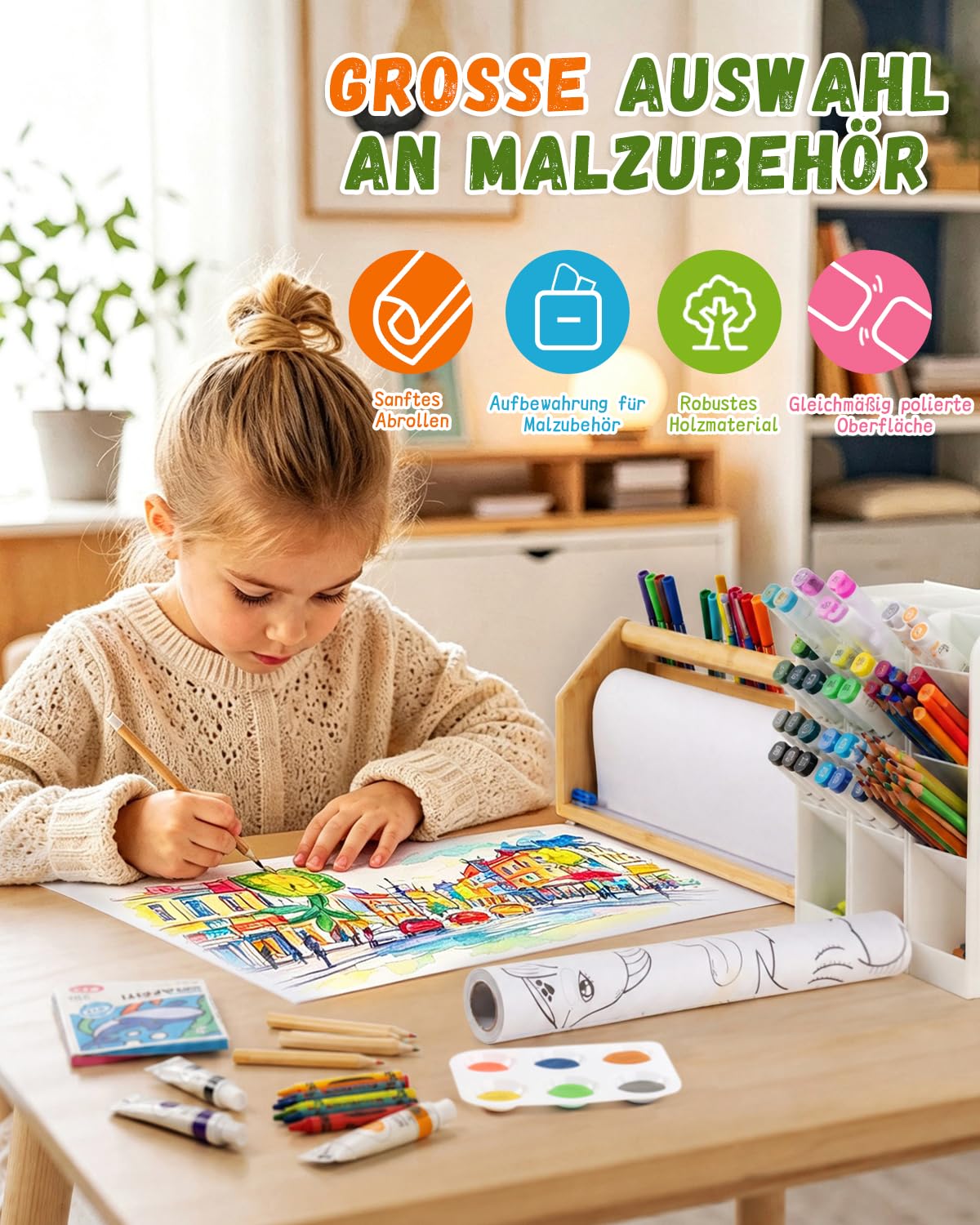 Kinder Staffelei mit Papierrolle – 36-teiliges Malset, Hölzerne Staffelei mit rutschfester Malunterlage, inklusive Malpapier, Pinsel & Farben, geeignet für Kinder ab 3 Jahren